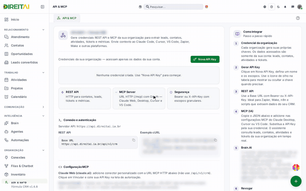 Clique em Nova API Key abre a janela de nova credencial, que é fechada em Cancelar