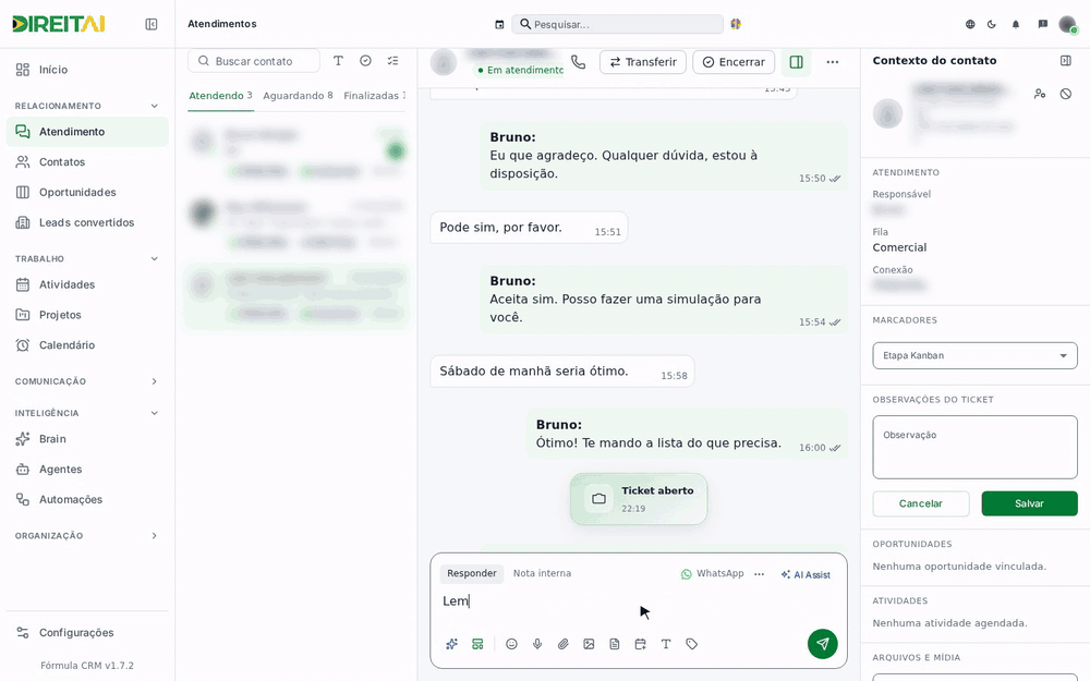 Digitar a mensagem, abrir Agendamento, ver os campos e cancelar