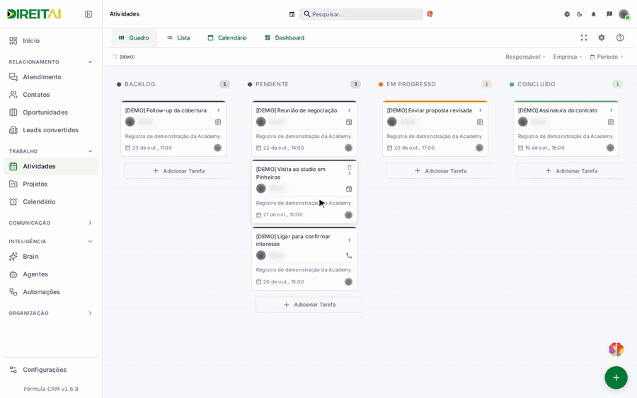 Troca entre as abas Quadro, Lista, Calendário e Dashboard de Atividades