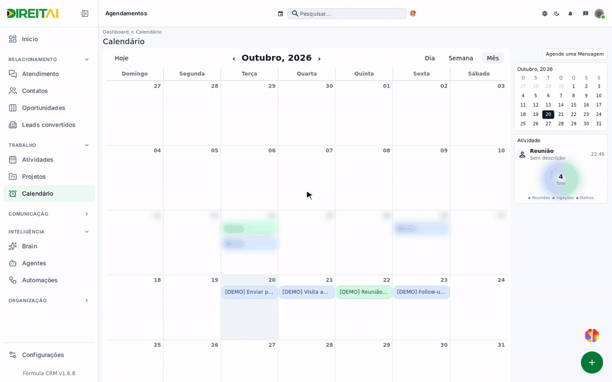 Troca entre as visões Mês, Semana e Dia do calendário