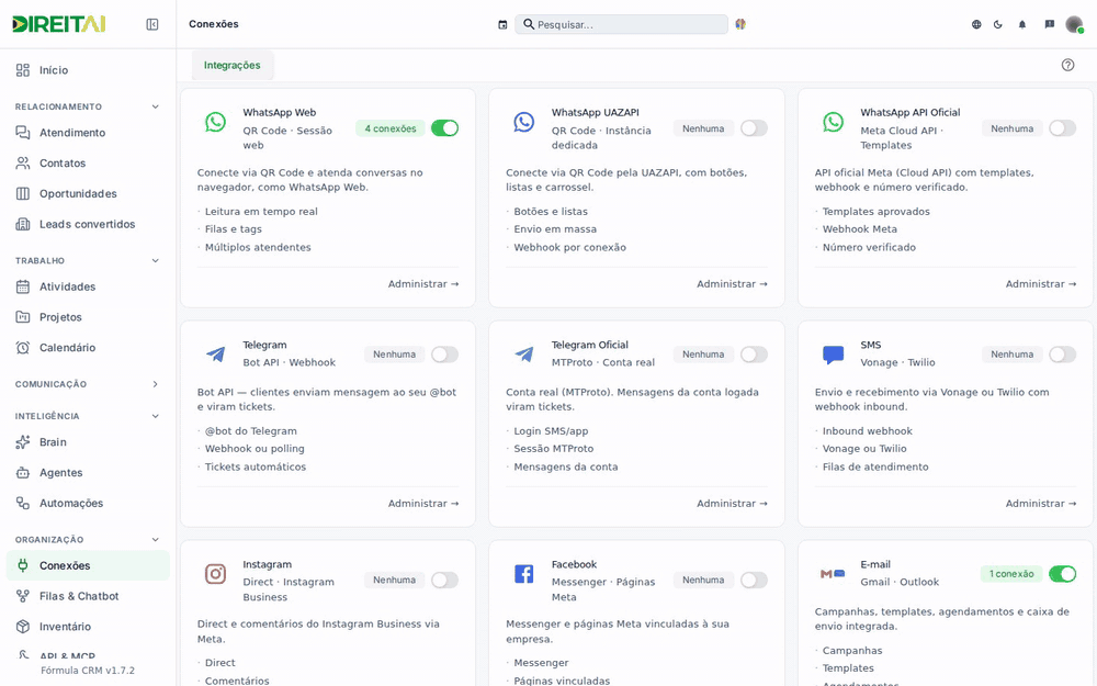 Abrindo o cartão WhatsApp Web na tela Conexões e chegando à lista de conexões