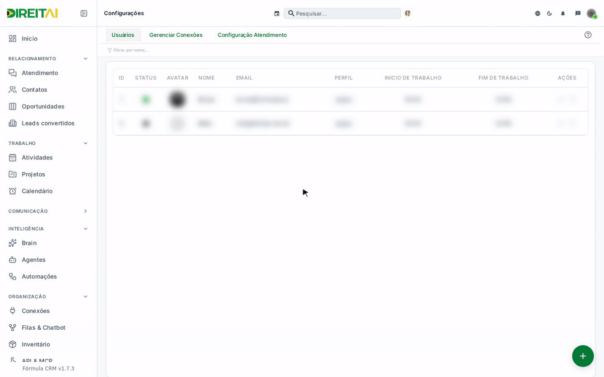 Abrindo Configurações e passando pelas abas Usuários e Configuração Atendimento