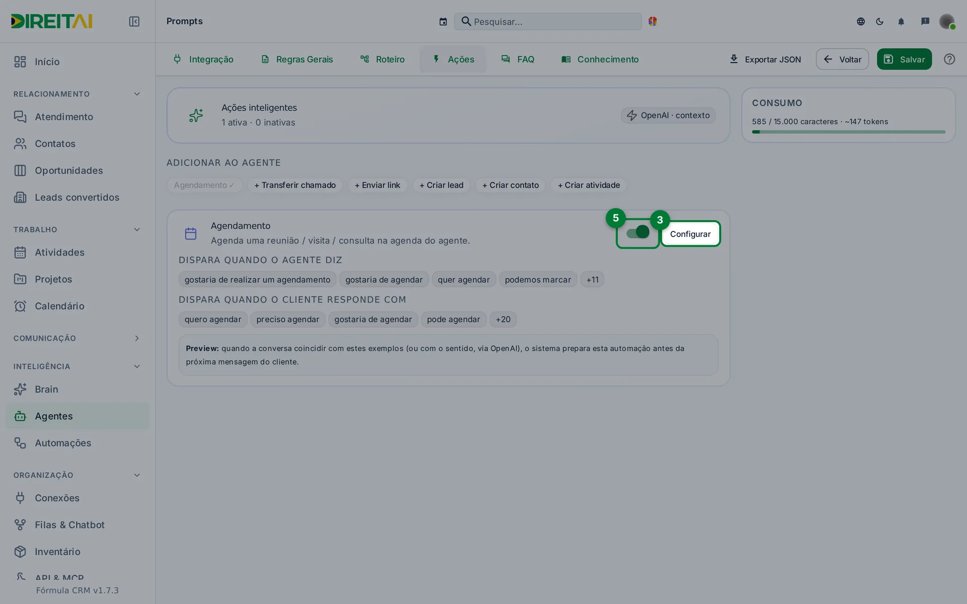 Cartão da ação Agendamento com o botão Configurar e a chave de ligar e desligar destacados