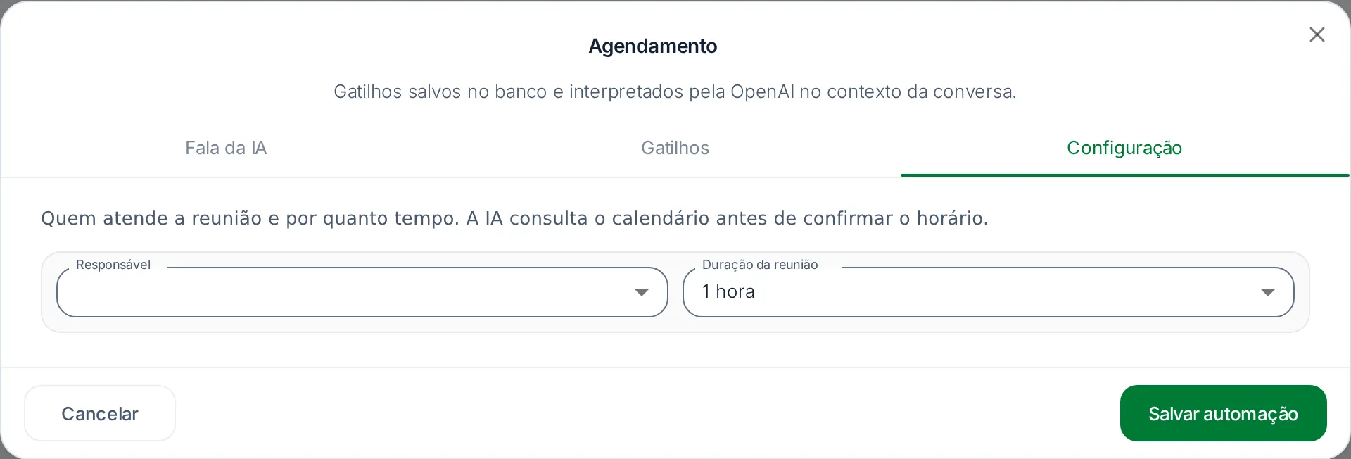 Aba Configuração com Responsável e Duração da reunião