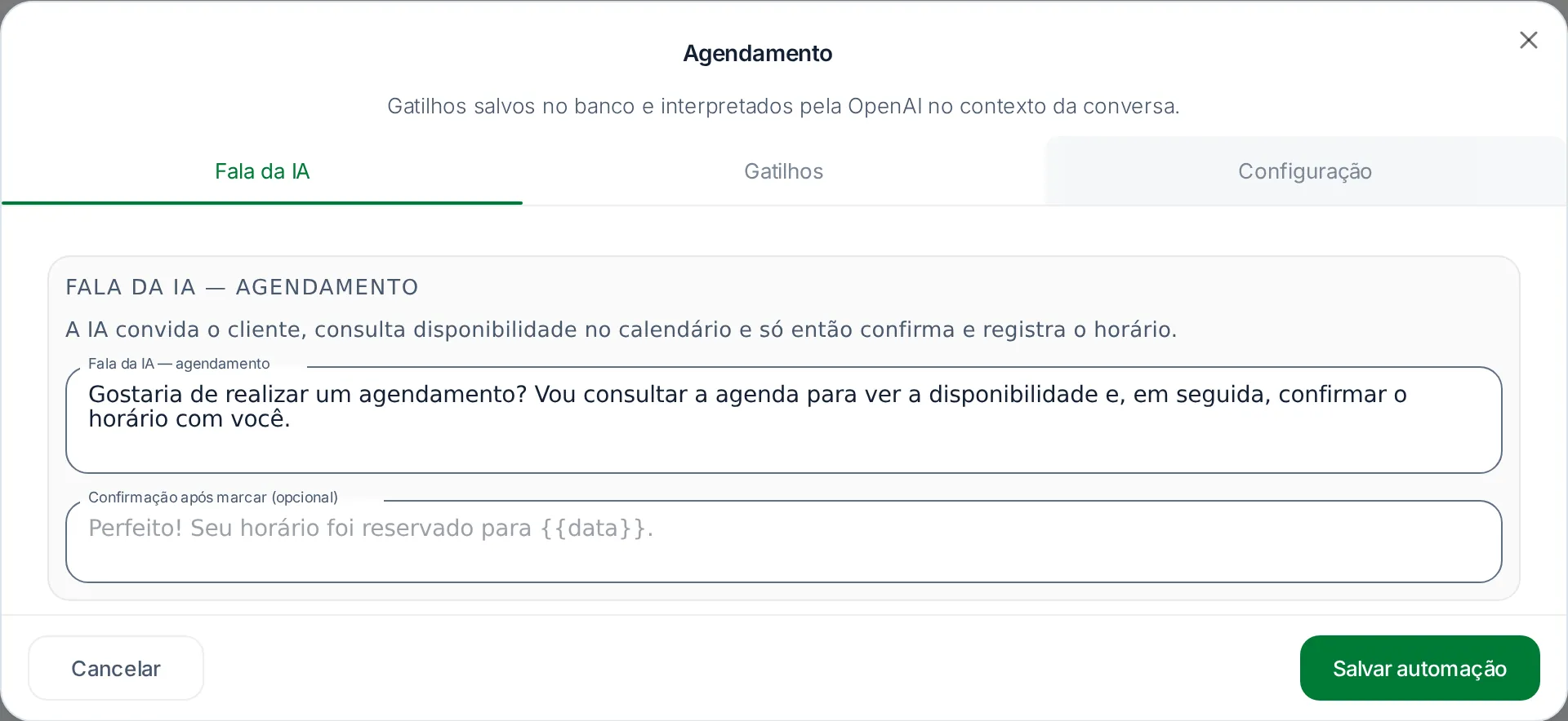 Janela de configuração da ação Agendamento na aba Fala da IA