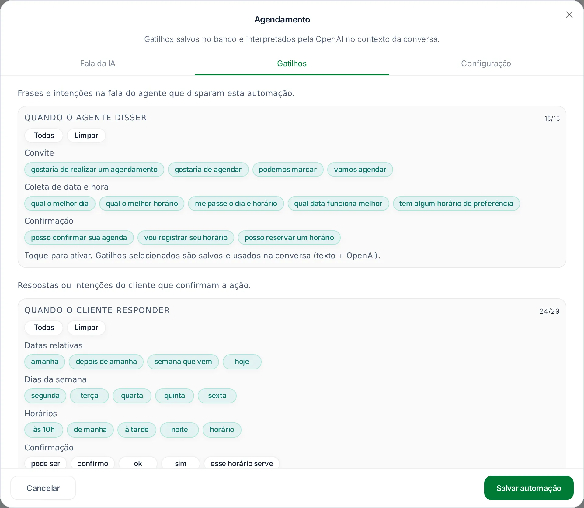Aba Gatilhos com as frases do agente e as respostas do cliente que disparam o agendamento