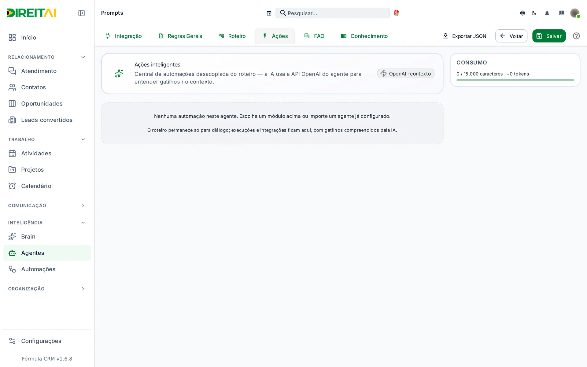 Aba Ações pedindo para salvar o agente antes de adicionar automações