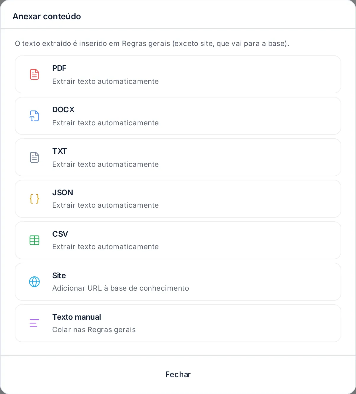 Janela Anexar conteúdo com as opções de arquivo, site e texto manual