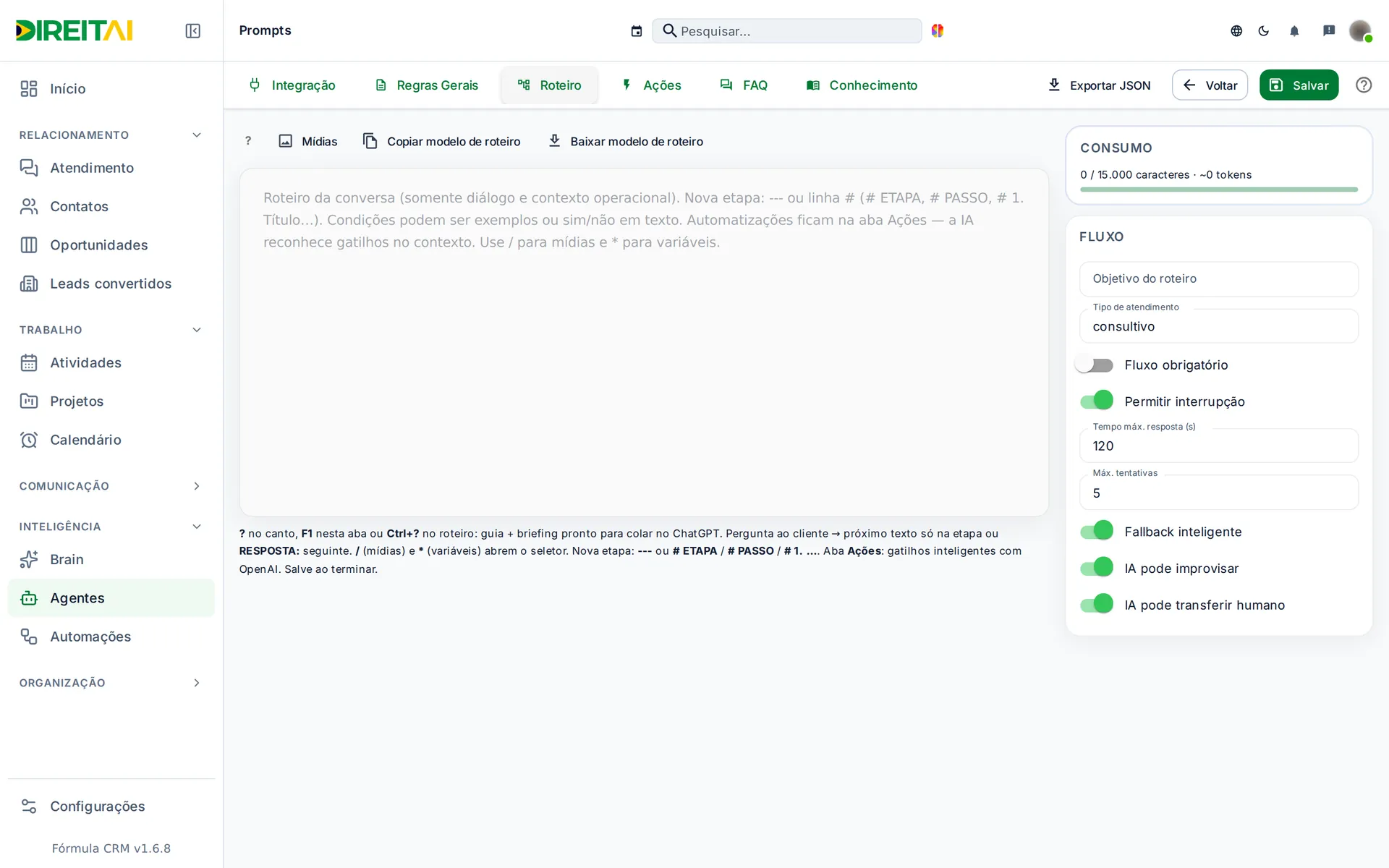 Aba Roteiro com o editor de etapas e o painel Fluxo