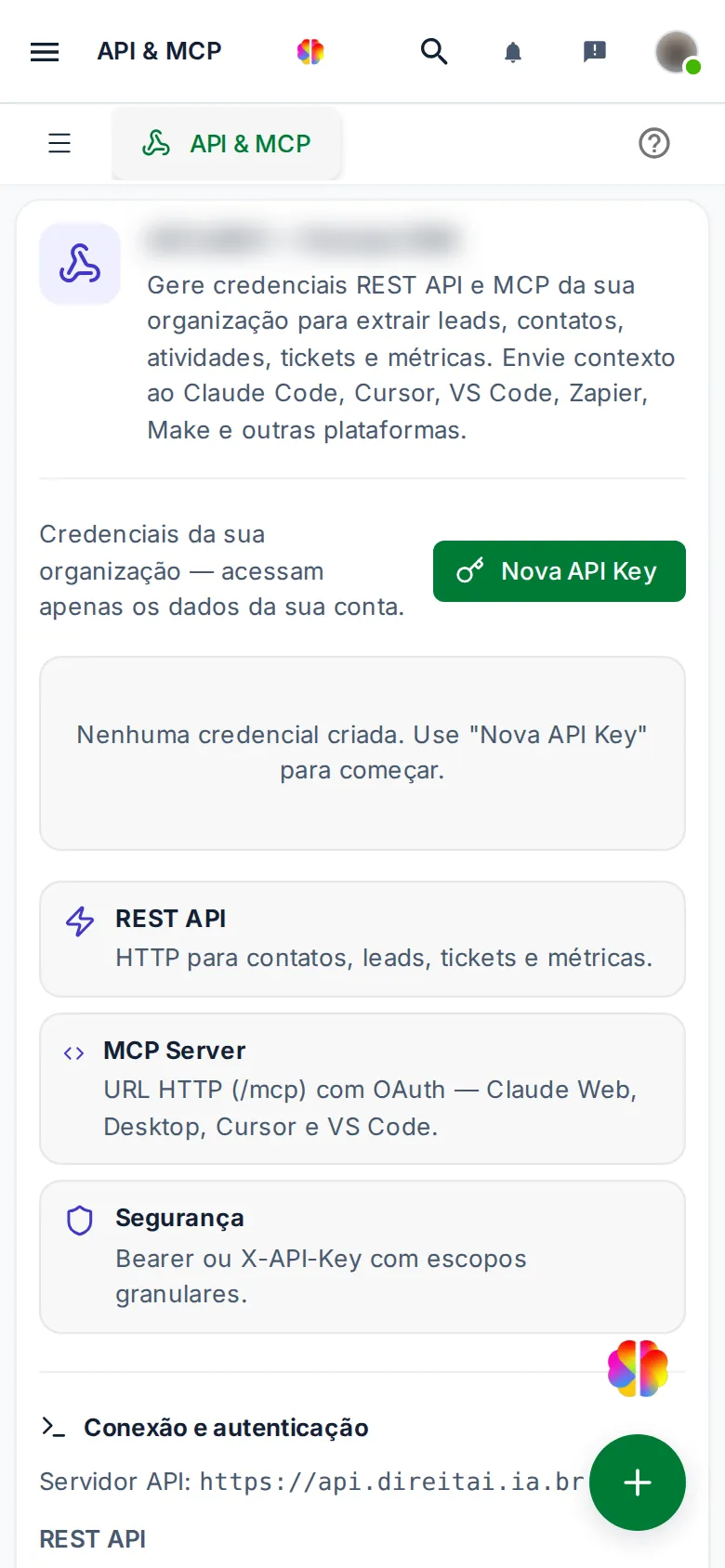 Tela API & MCP no celular