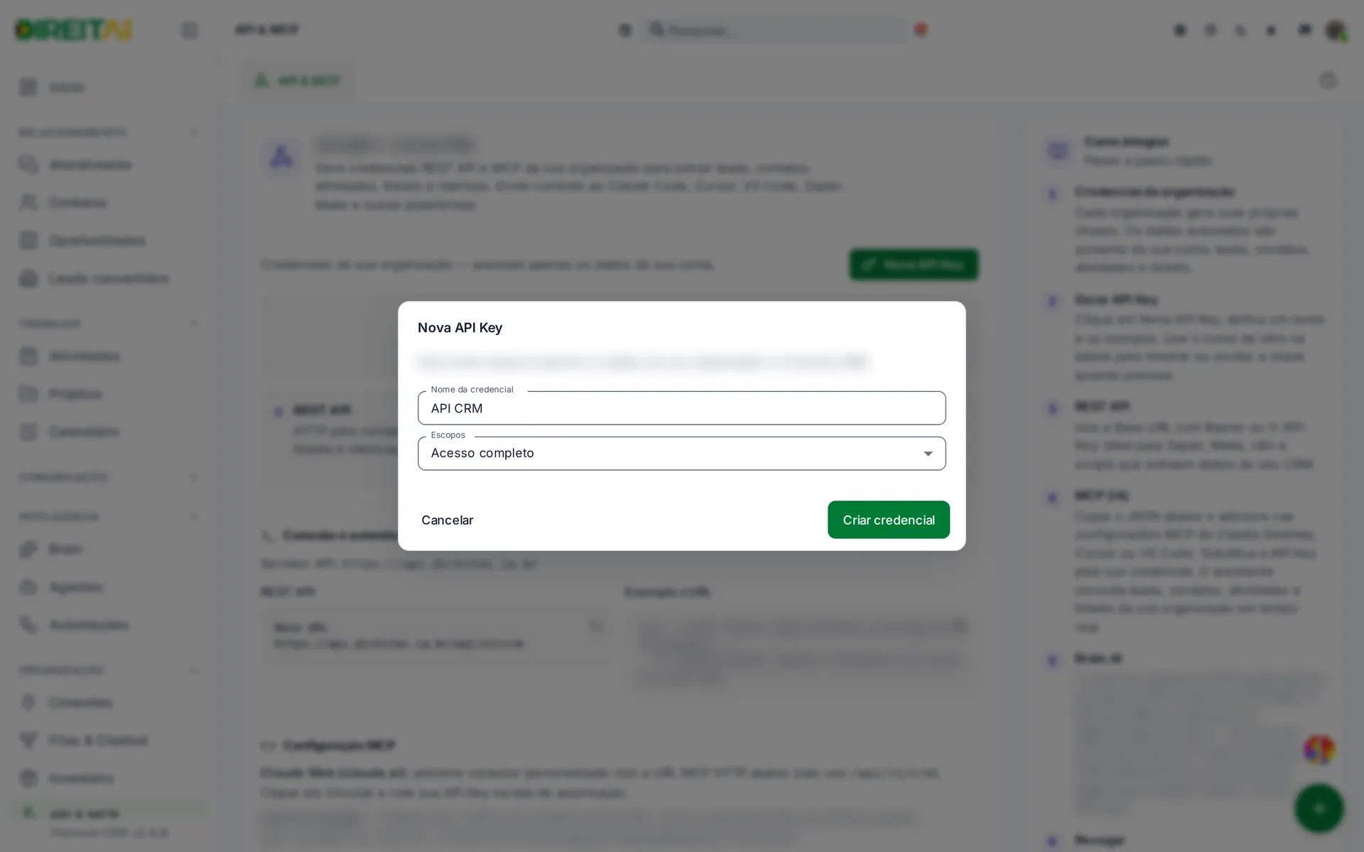 Janela Nova API Key com o nome da credencial, os escopos e os botões Cancelar e Criar credencial