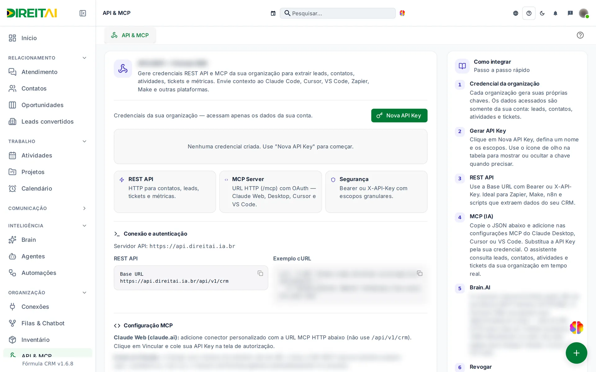 Tela API & MCP com o bloco de credenciais da organização e os cartões REST API, MCP Server e Segurança