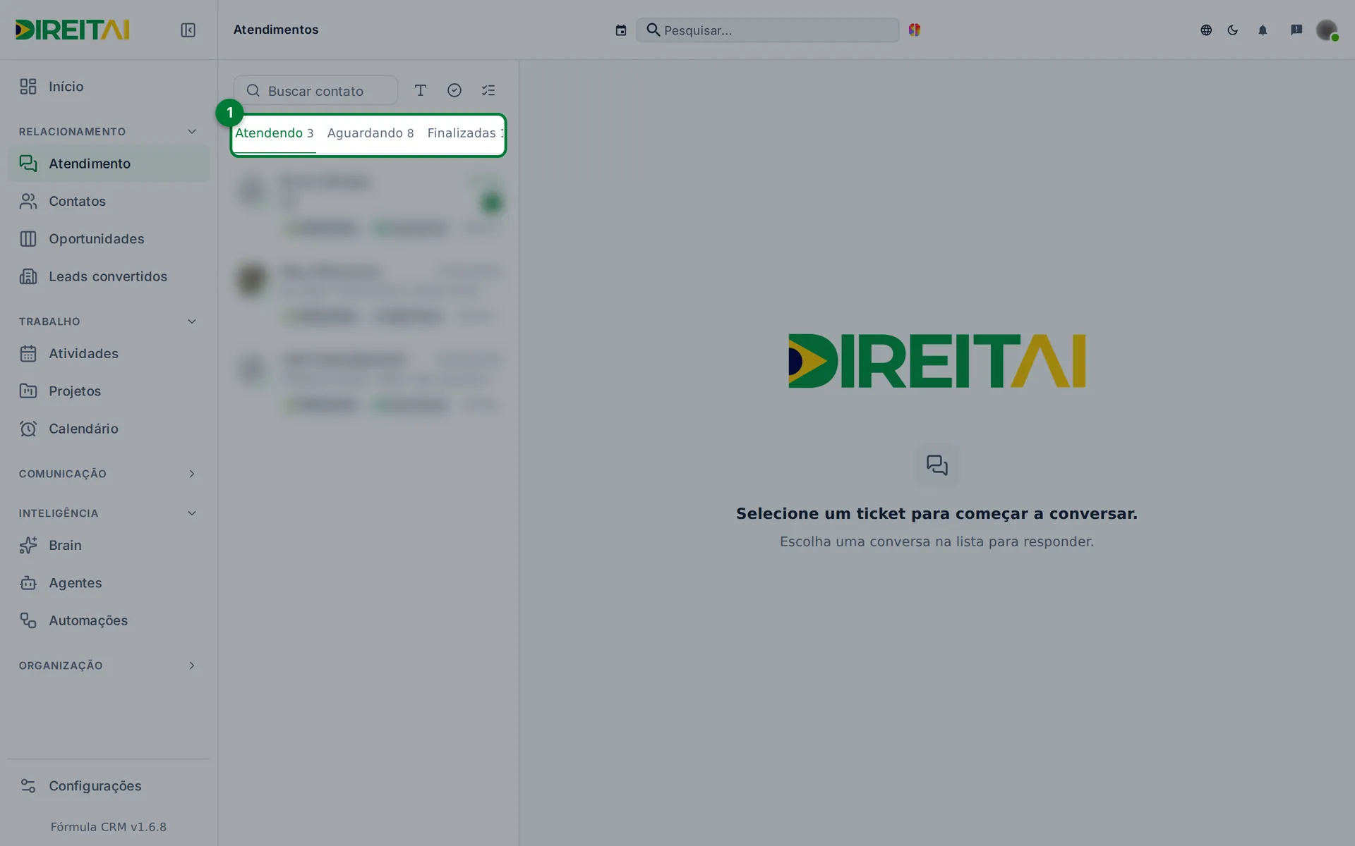 Abas Atendendo, Aguardando e Finalizadas com o contador de cada uma
