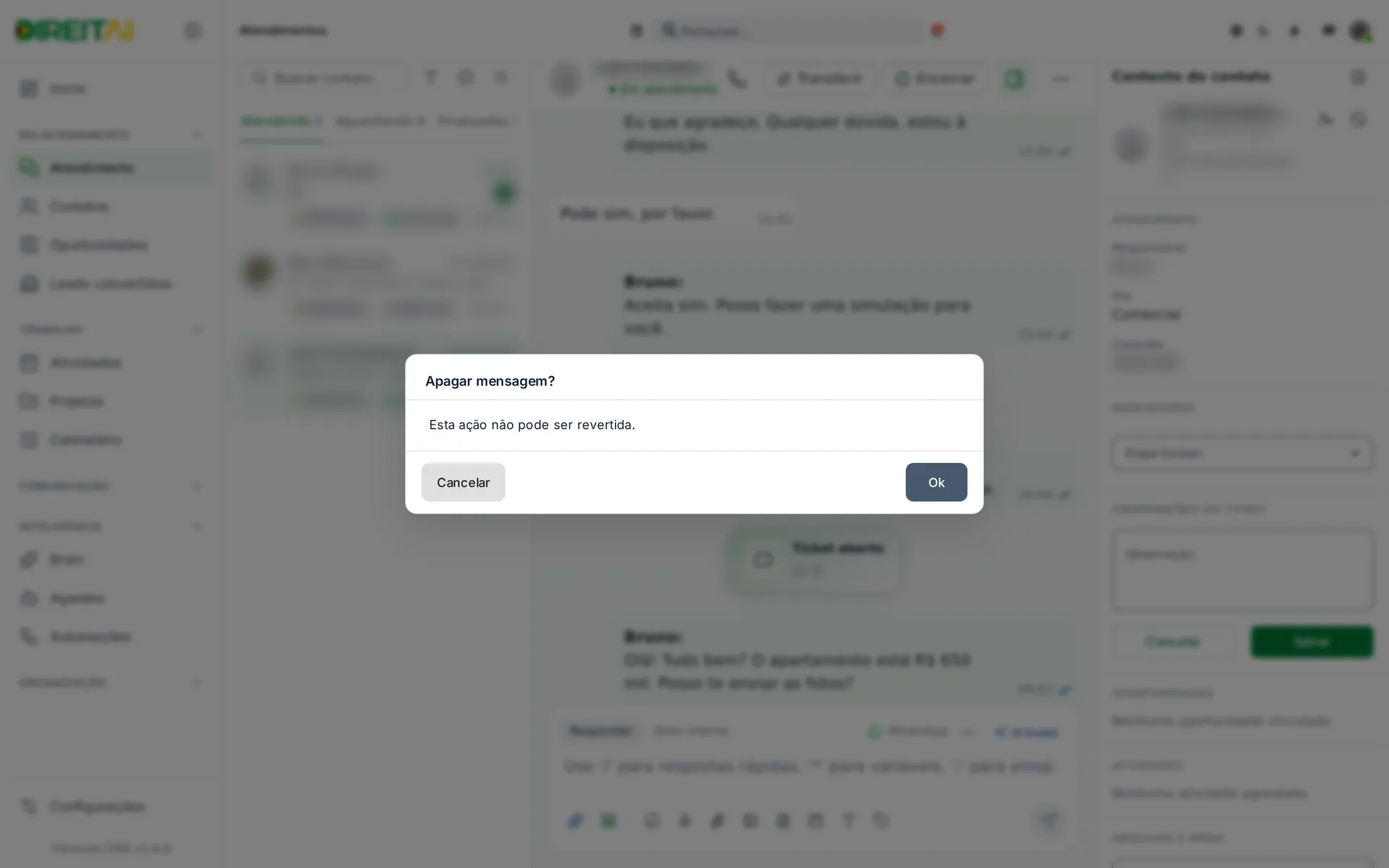Confirmação Apagar mensagem? com Cancelar e Ok