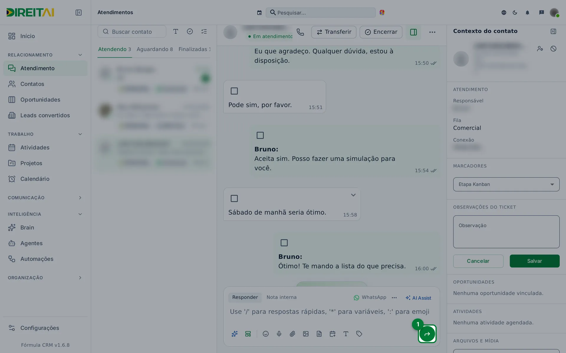 Caixas de seleção em cada mensagem e o botão Encaminhar no lugar do Enviar