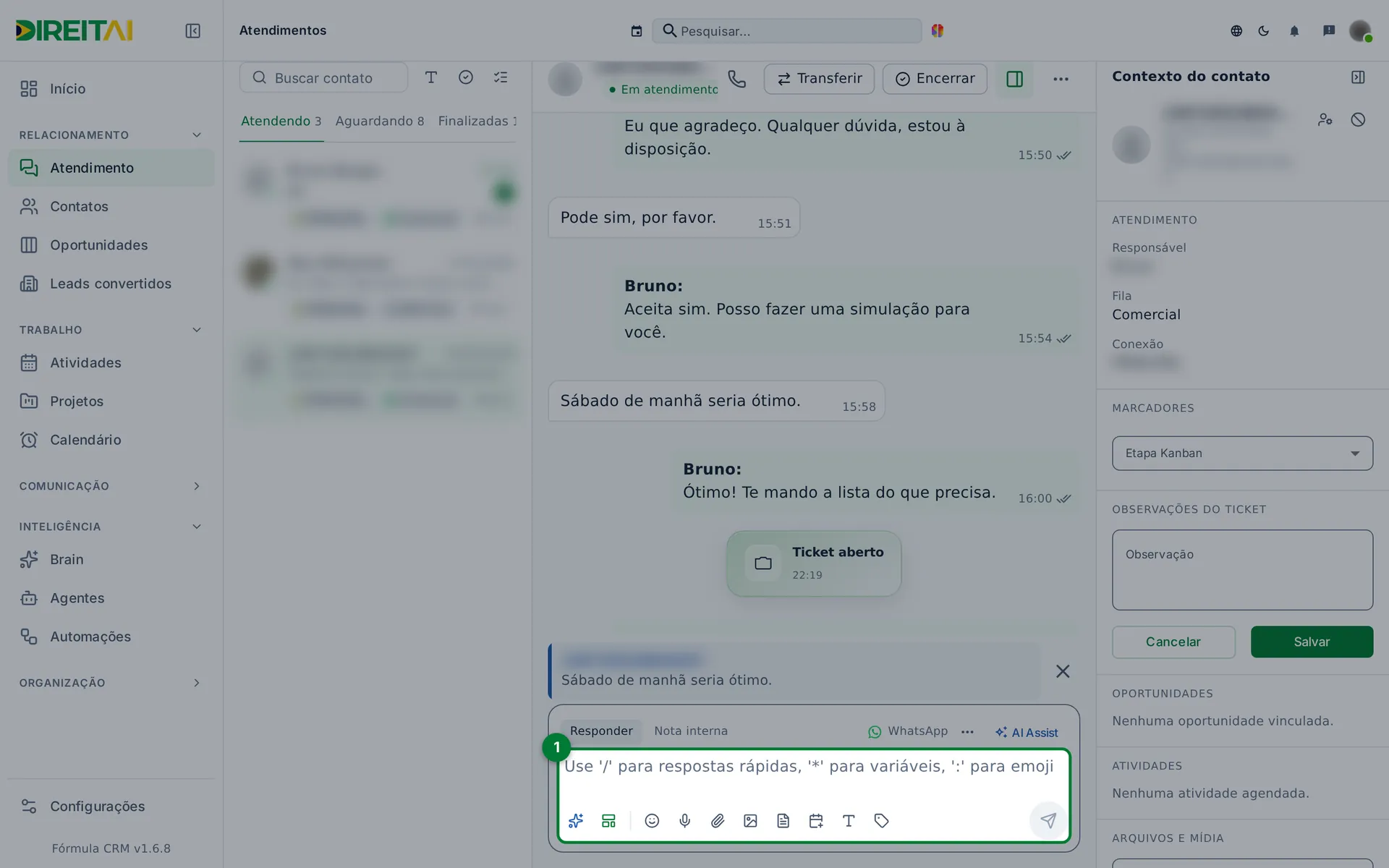 Barra de resposta acima do campo com a mensagem citada e o X para cancelar