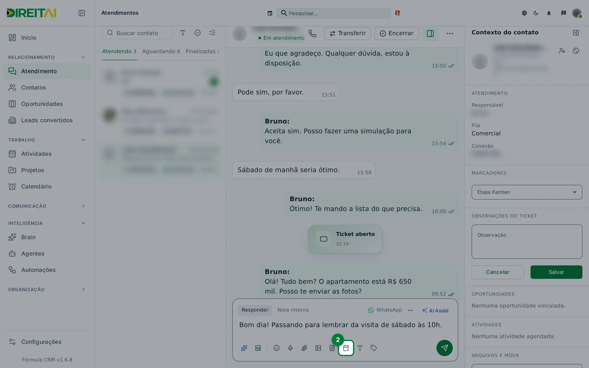 Botão Agendamento na barra do compositor, com o texto já digitado