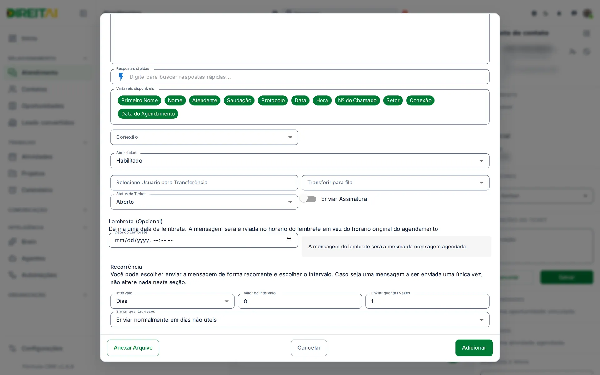 Fim da janela de agendamento com Lembrete, Recorrência e os botões Anexar Arquivo, Cancelar e Adicionar