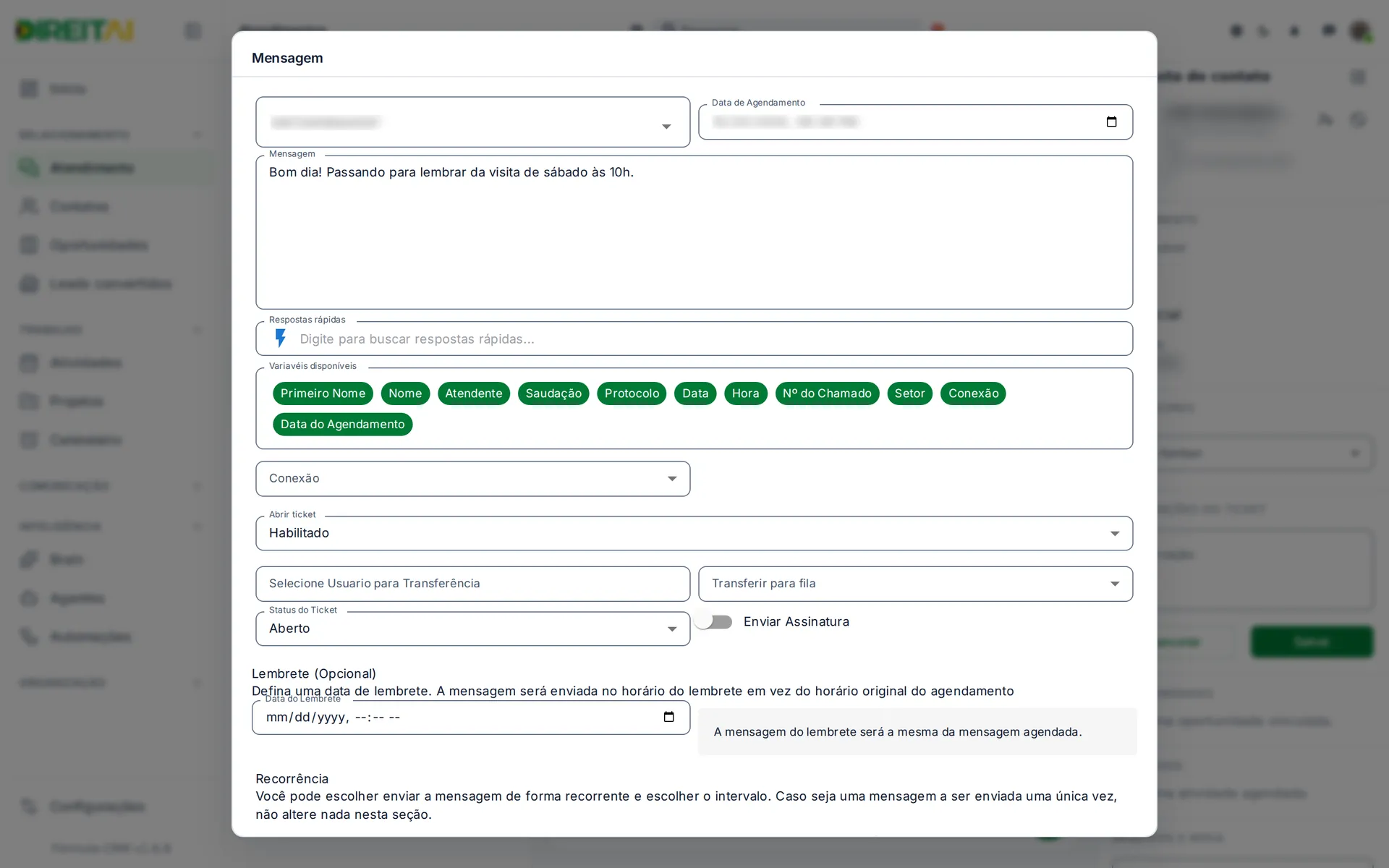 Janela de agendamento com Contato, Data de Agendamento, Mensagem e Respostas rápidas