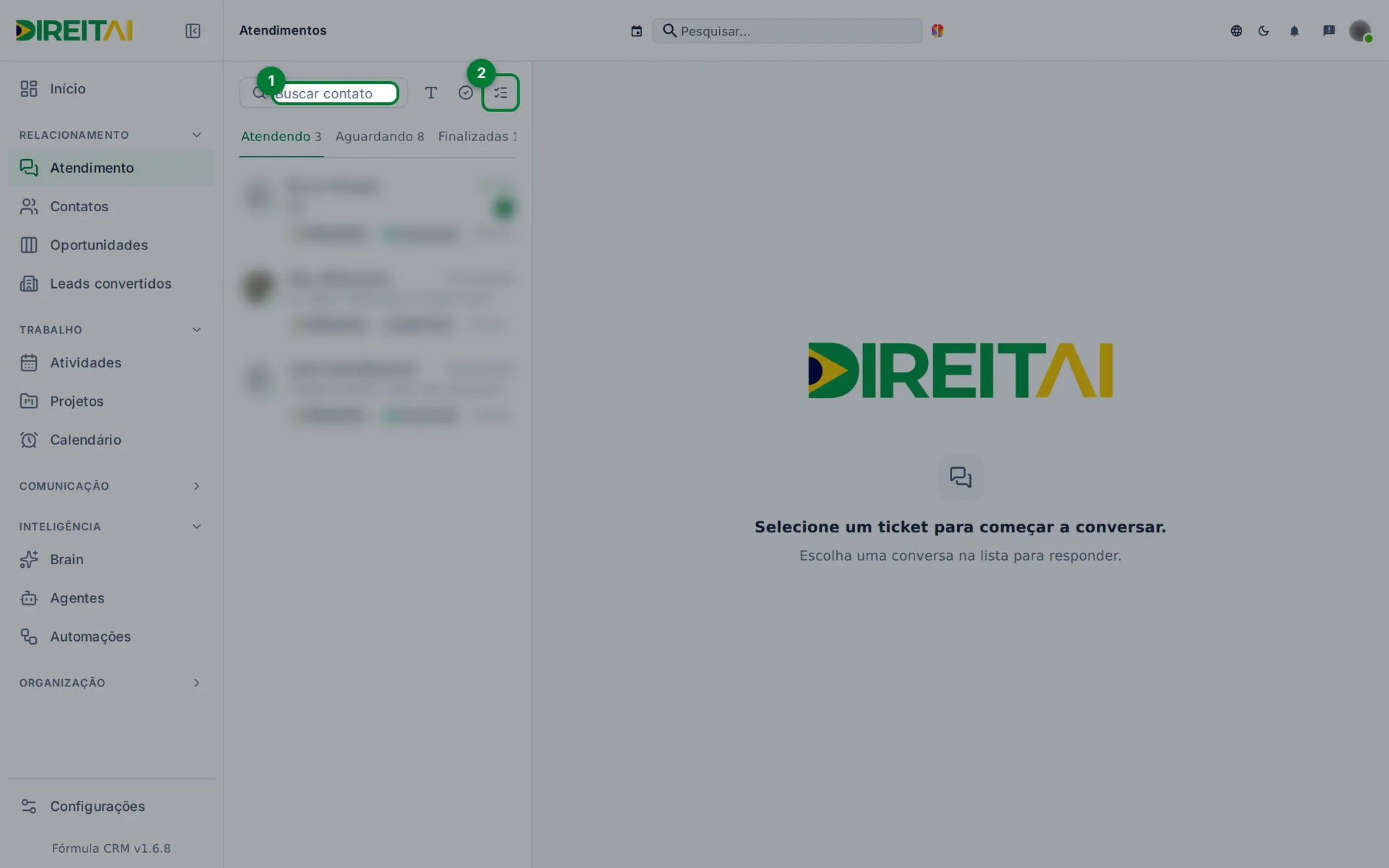 Campo Buscar contato e o botão Filtros no topo da lista