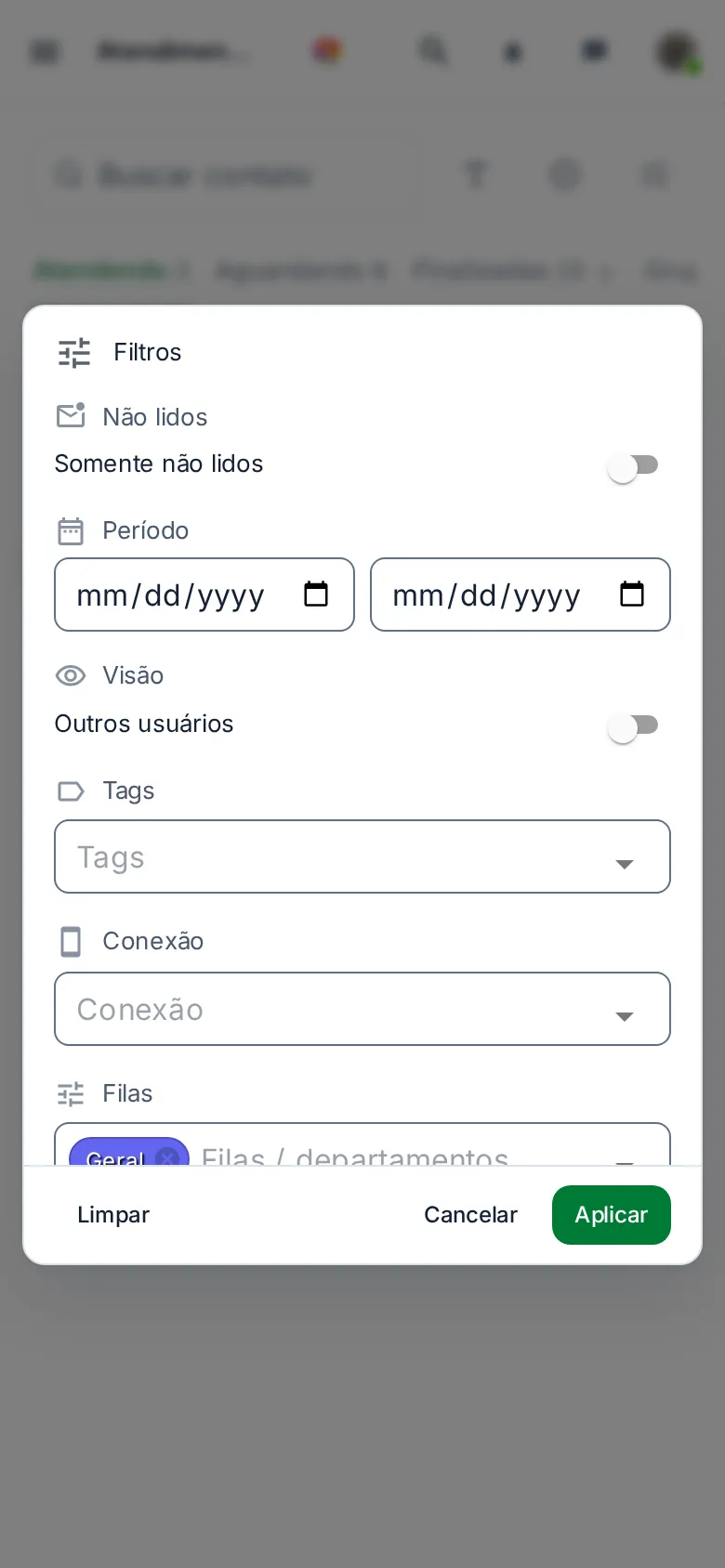 Diálogo Filtros no celular