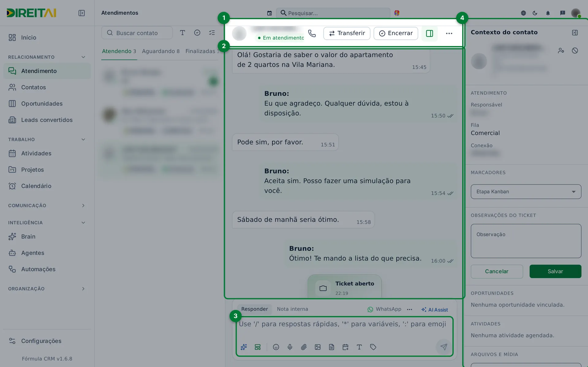 Partes da conversa numeradas: 1 cabeçalho, 2 mensagens, 3 compositor, 4 painel do contato