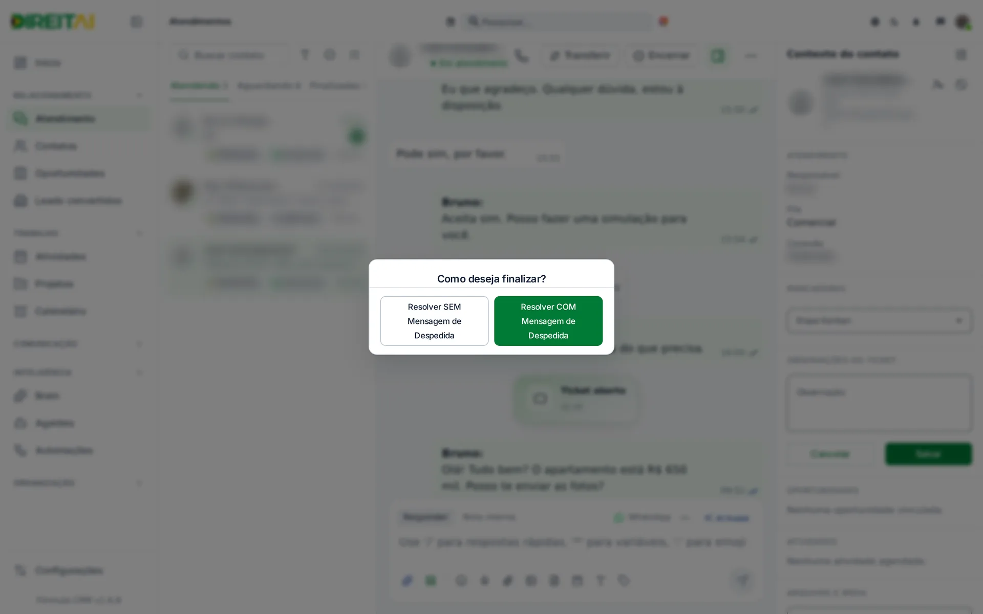 Quadro Como deseja finalizar? com Resolver SEM e Resolver COM Mensagem de Despedida