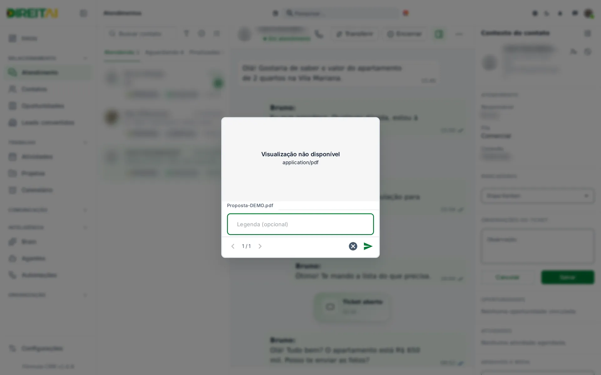 Prévia de envio do arquivo Proposta-DEMO.pdf com o campo Legenda (opcional) e os botões cancelar e enviar