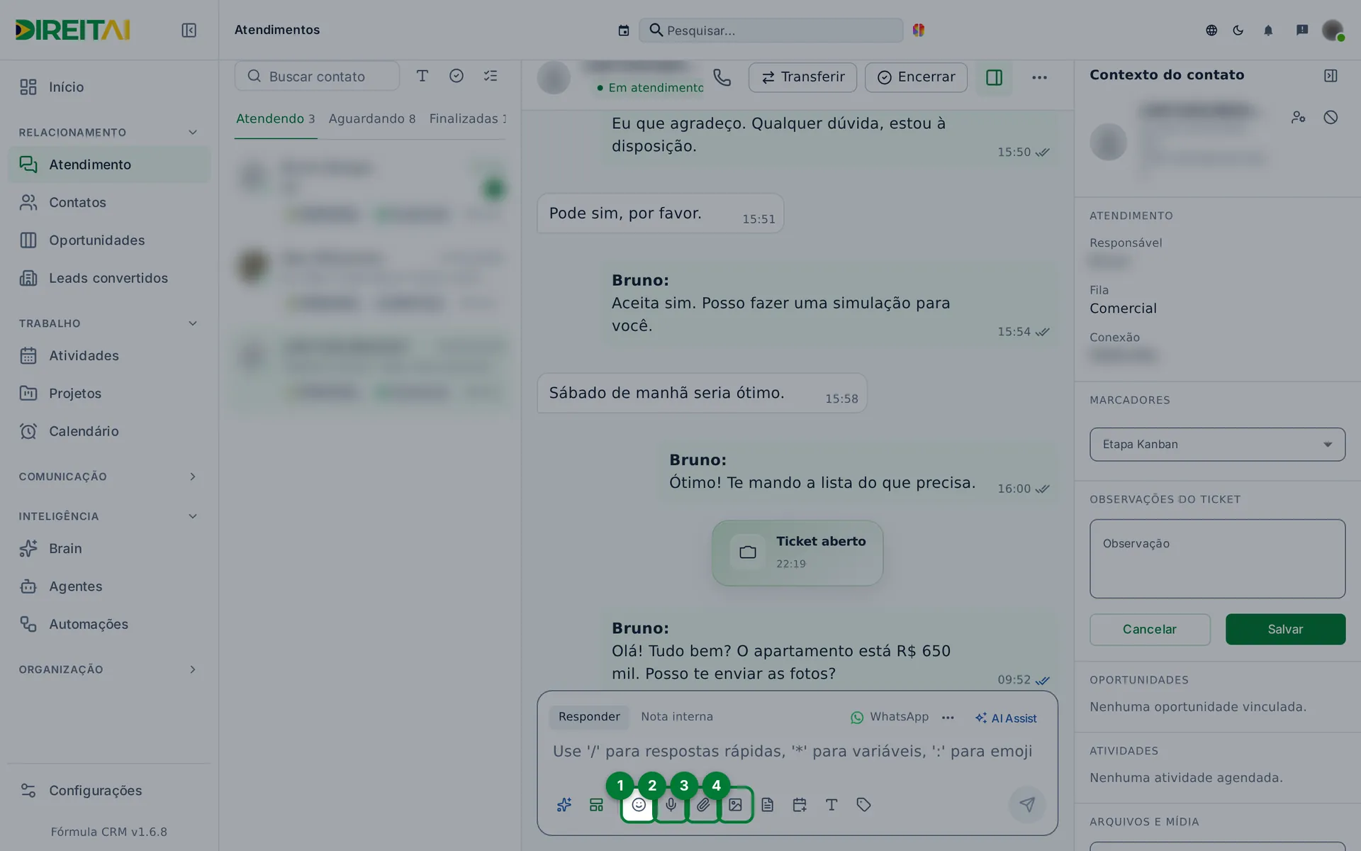 Barra do compositor com Emoji, Áudio, Arquivo e Foto ou vídeo numerados