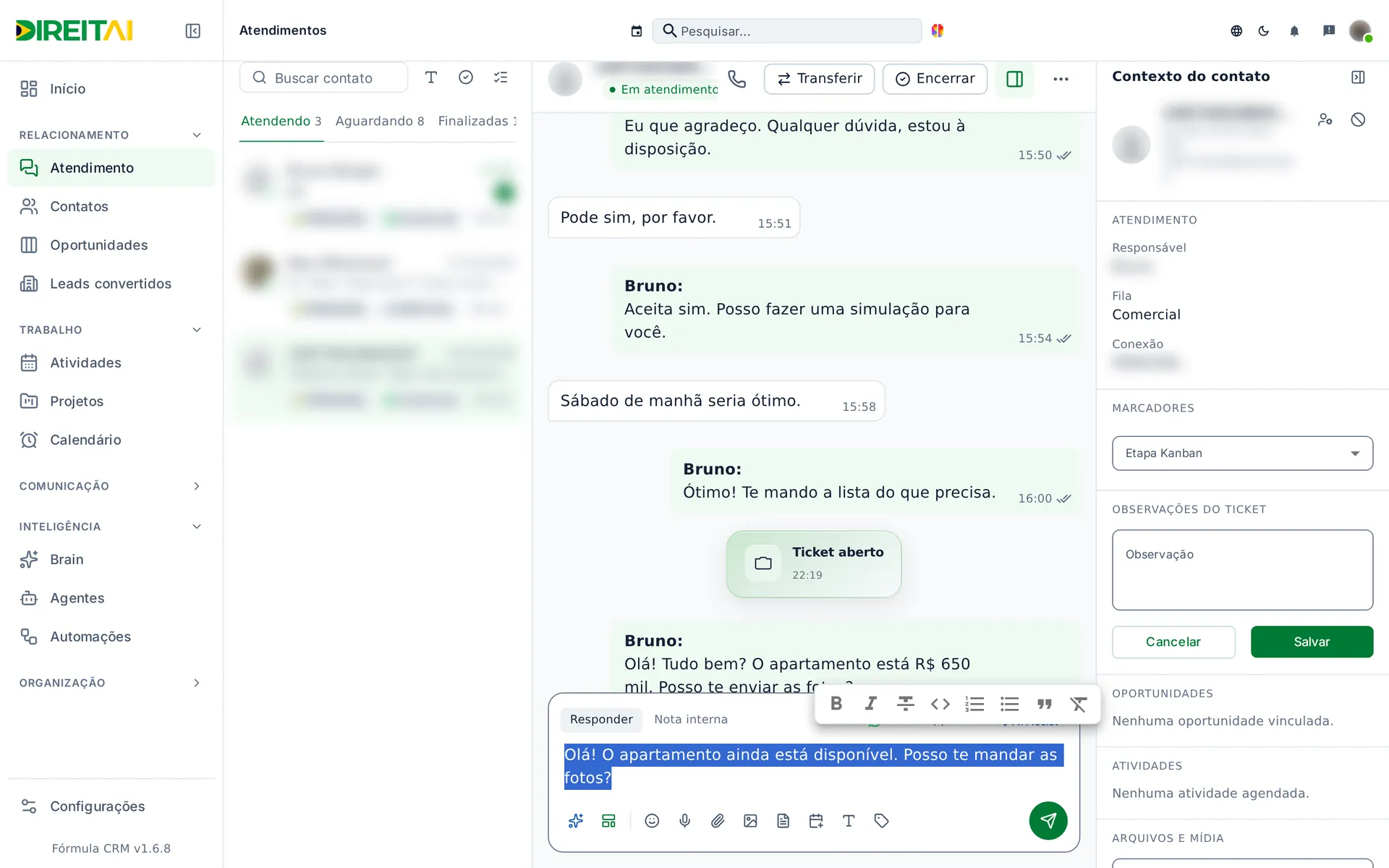 Texto selecionado no campo com o menu de formatação: Negrito, Itálico, Tachado, Código, listas e Citação
