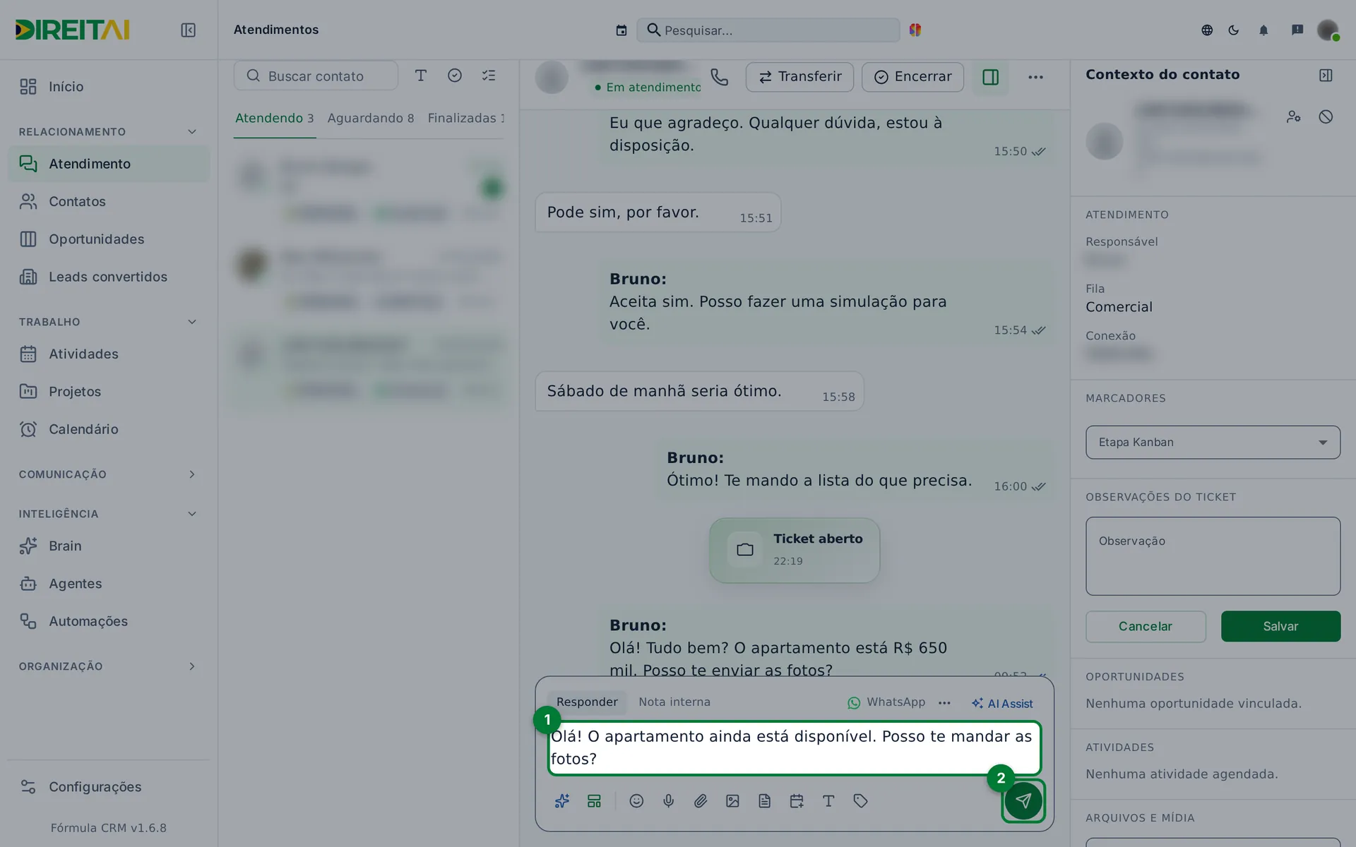 Texto digitado no campo de mensagem e o botão Enviar destacado
