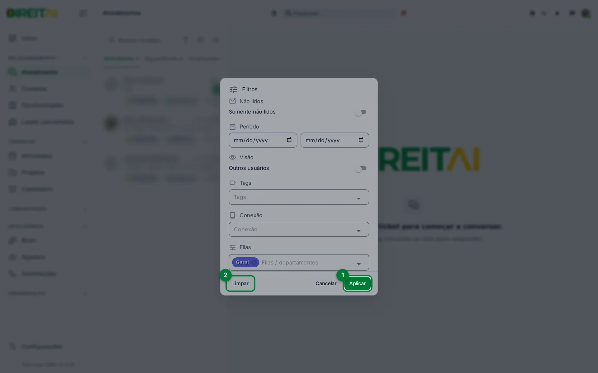 Botões Limpar, Cancelar e Aplicar no rodapé do diálogo Filtros