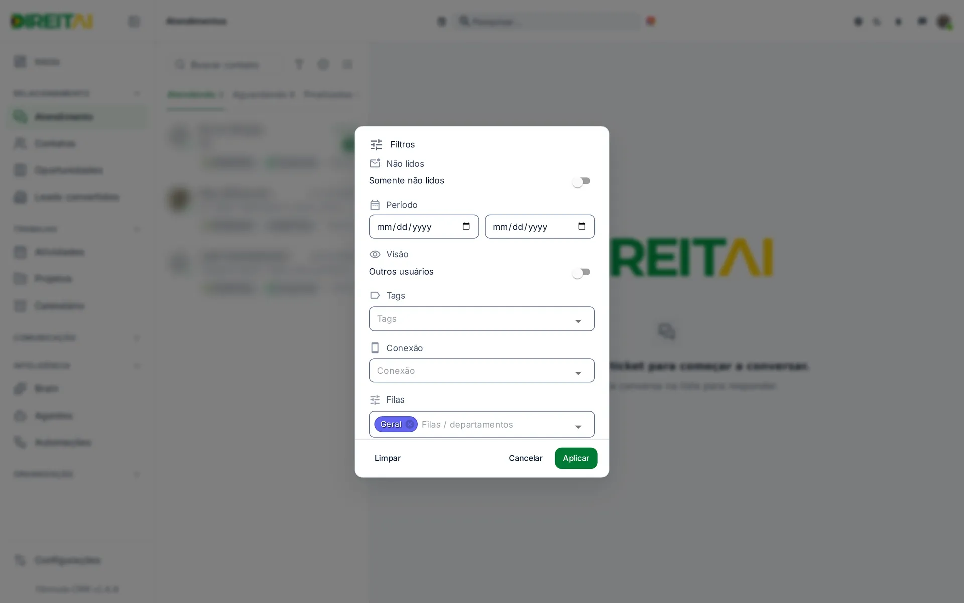 Diálogo Filtros com Não lidos, Período, Tags, Conexão, Filas, Status e Usuários