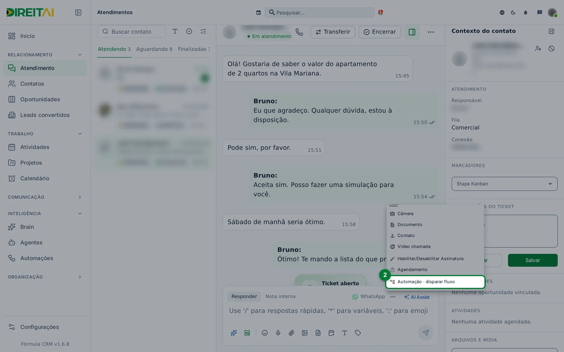 Item Automação · disparar fluxo no menu Mais opções
