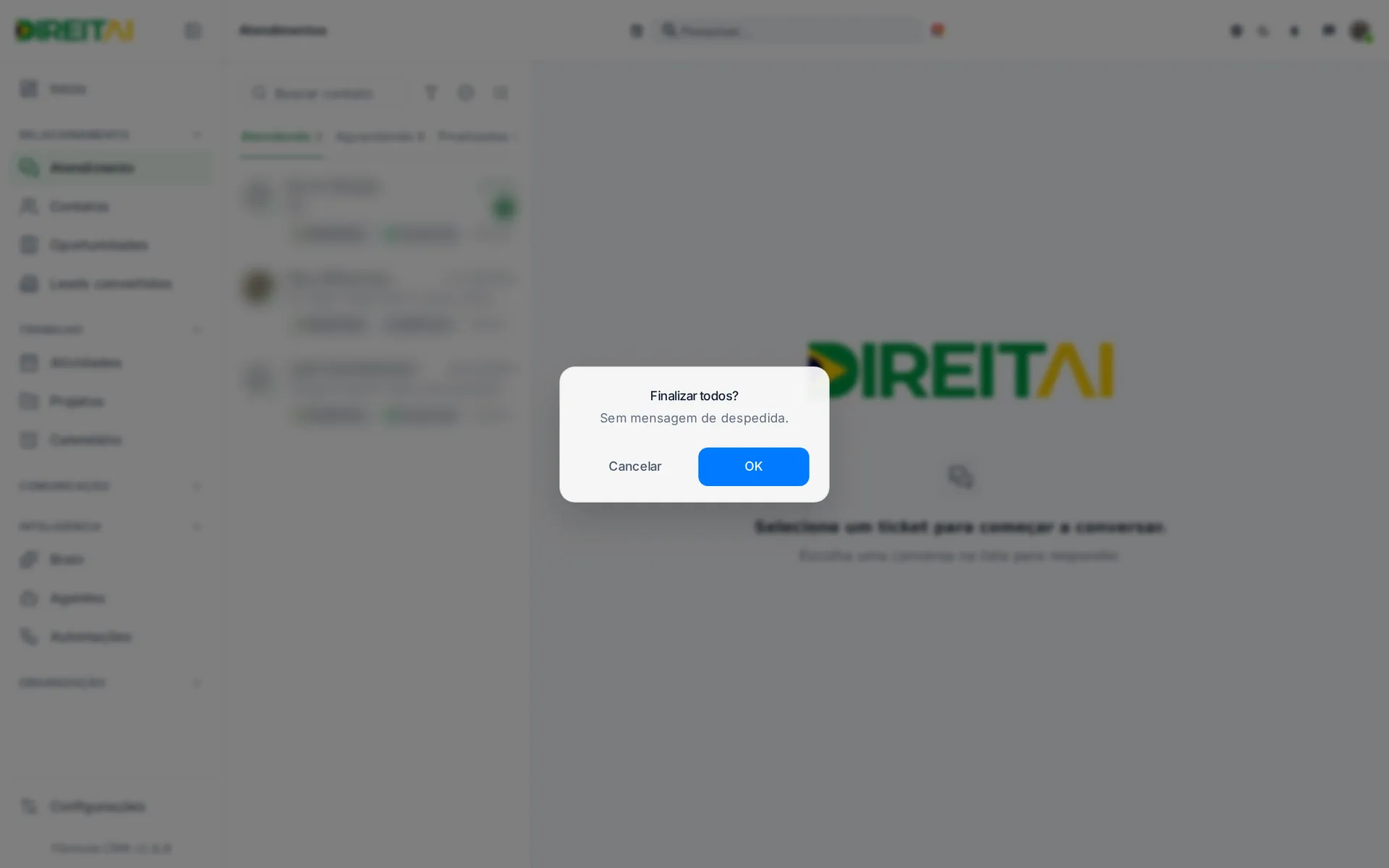 Confirmação Finalizar todos? com os botões Cancelar e OK