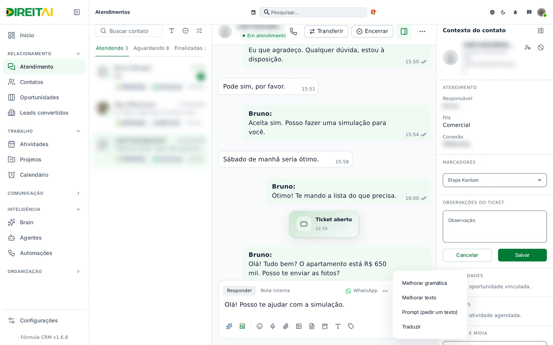 Menu AI Assist com Melhorar gramática, Melhorar texto, Prompt e Traduzir