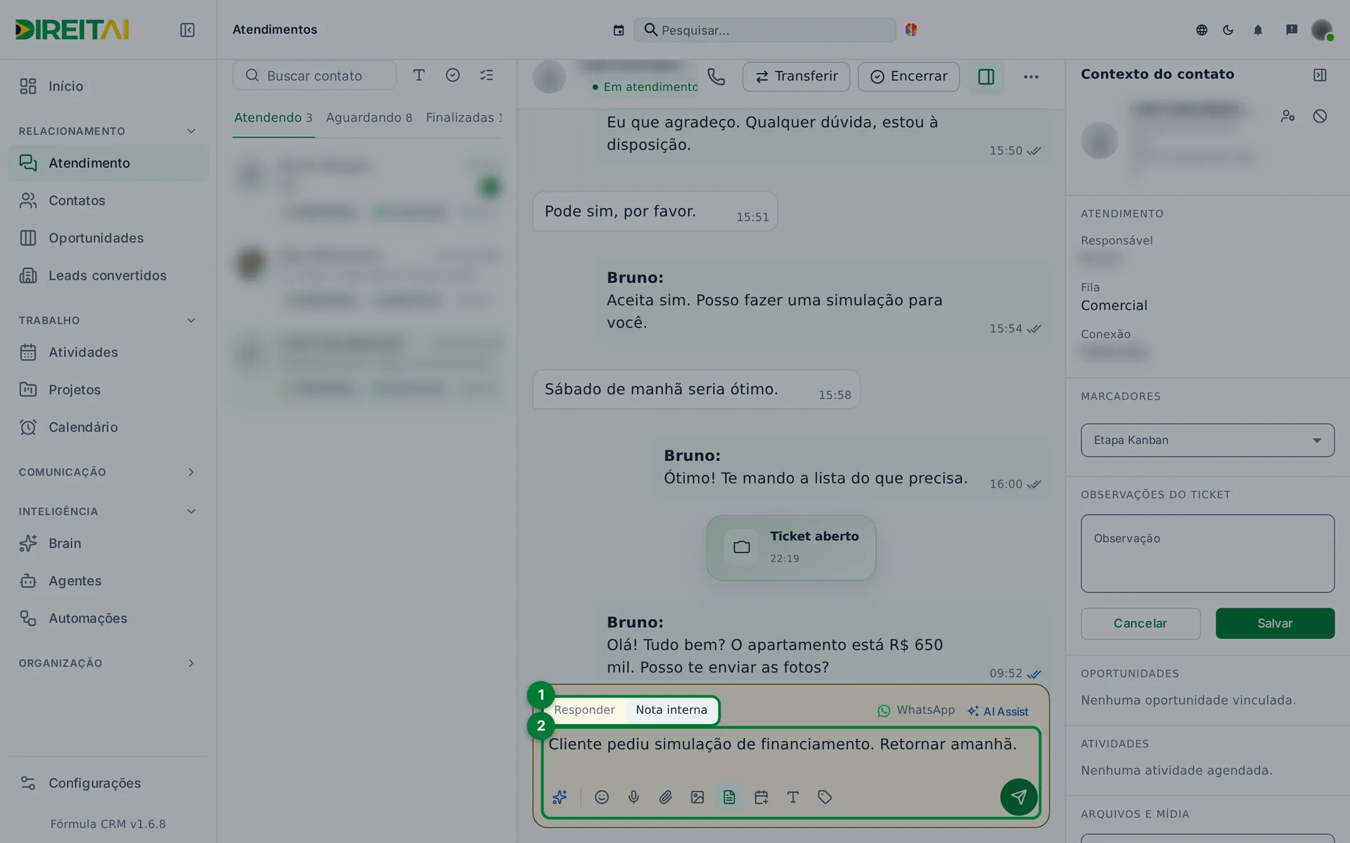 Compositor no modo Nota interna, com uma anotação digitada