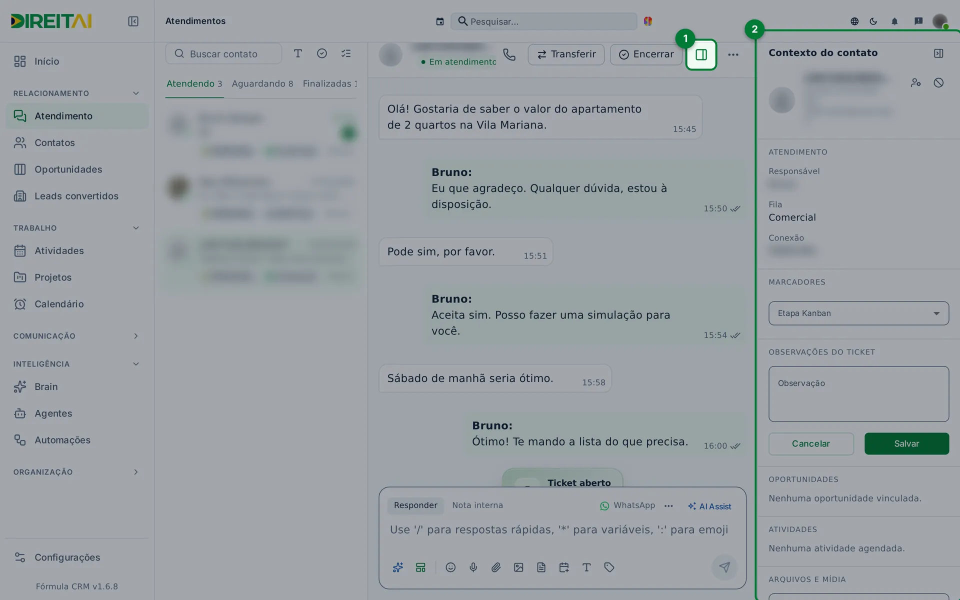 Painel Contexto do contato à direita, com Atendimento, Marcadores, Observações, Oportunidades e Atividades