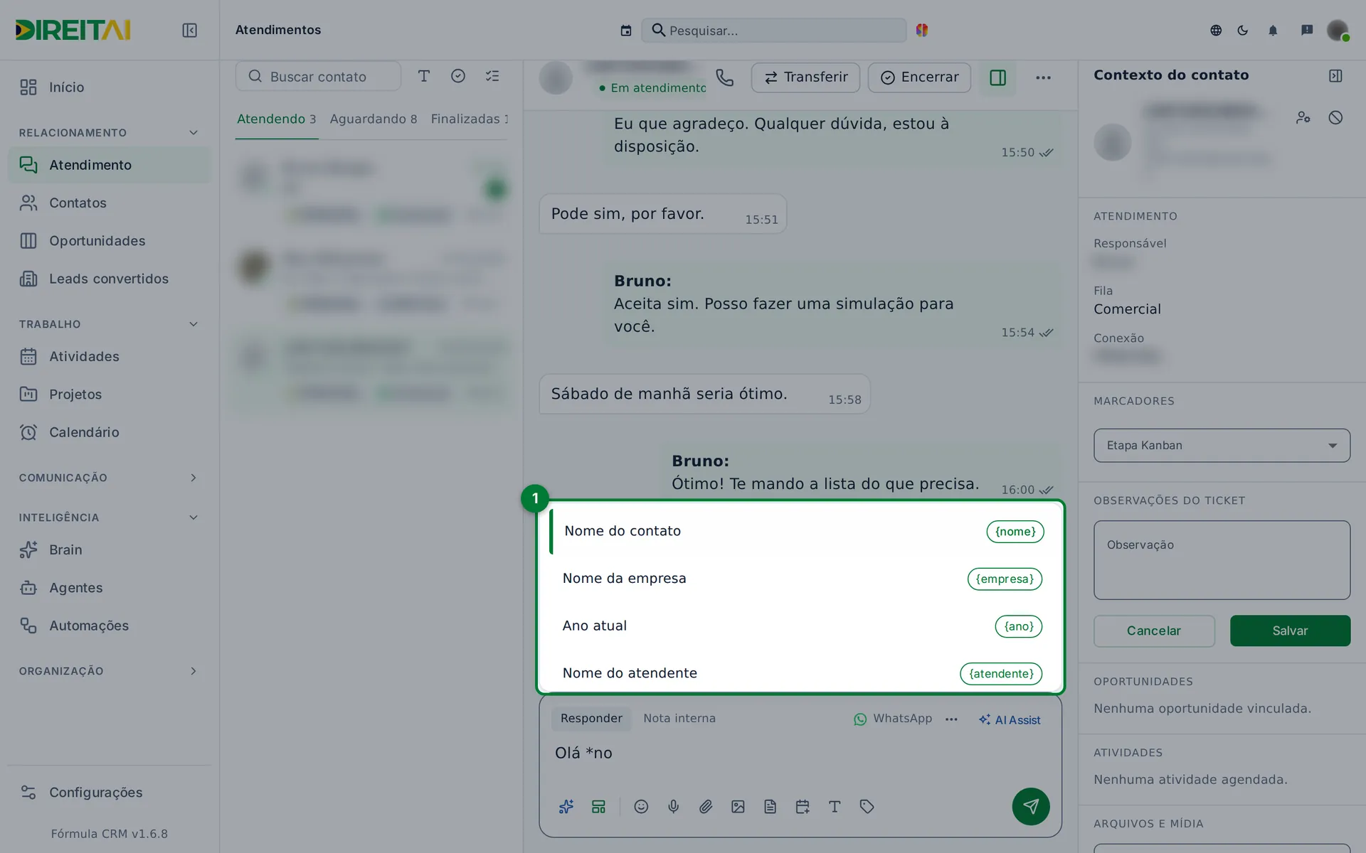 Lista Variáveis da mensagem filtrada depois de digitar asterisco