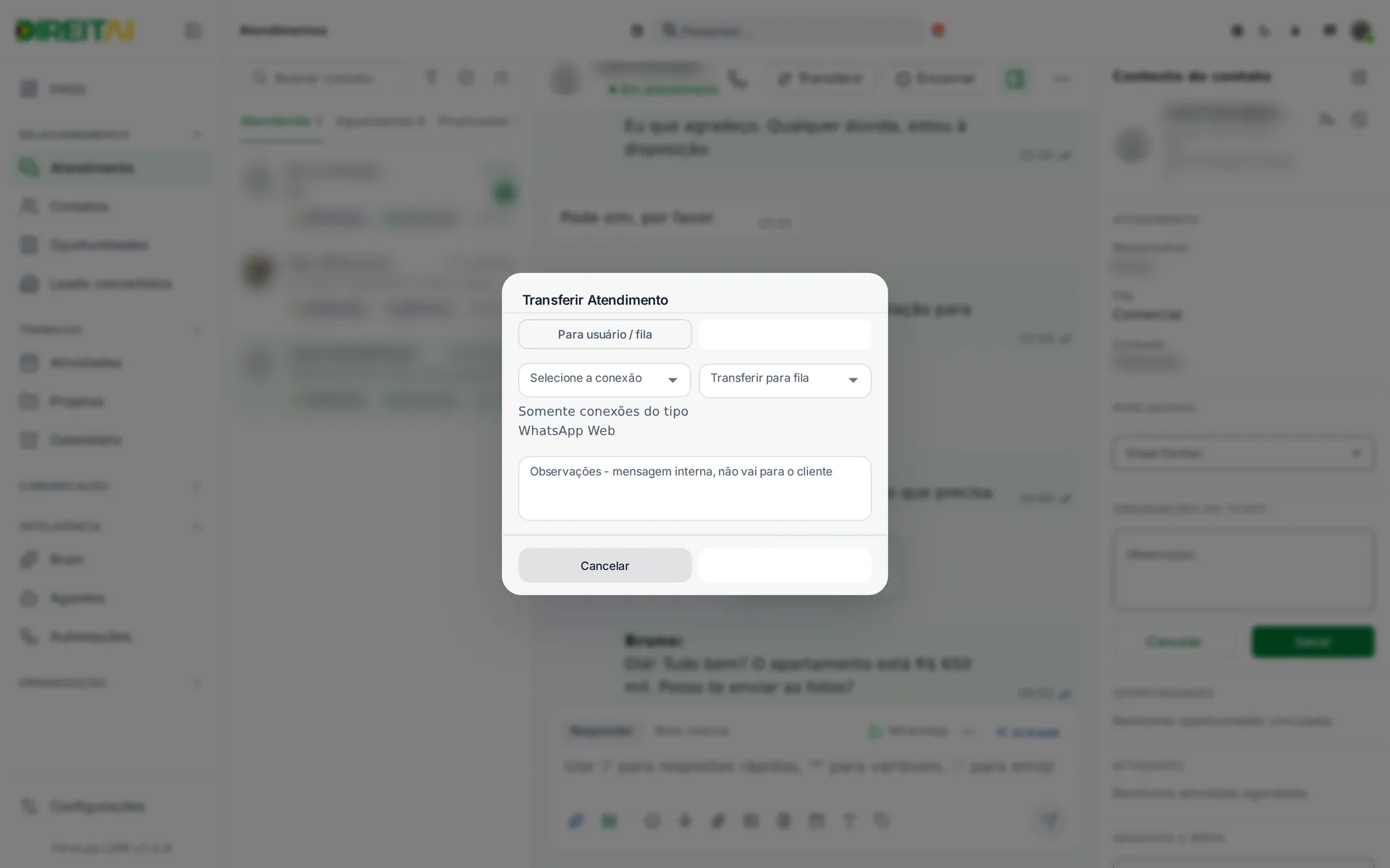 Janela Transferir Atendimento no modo Para outra conexão