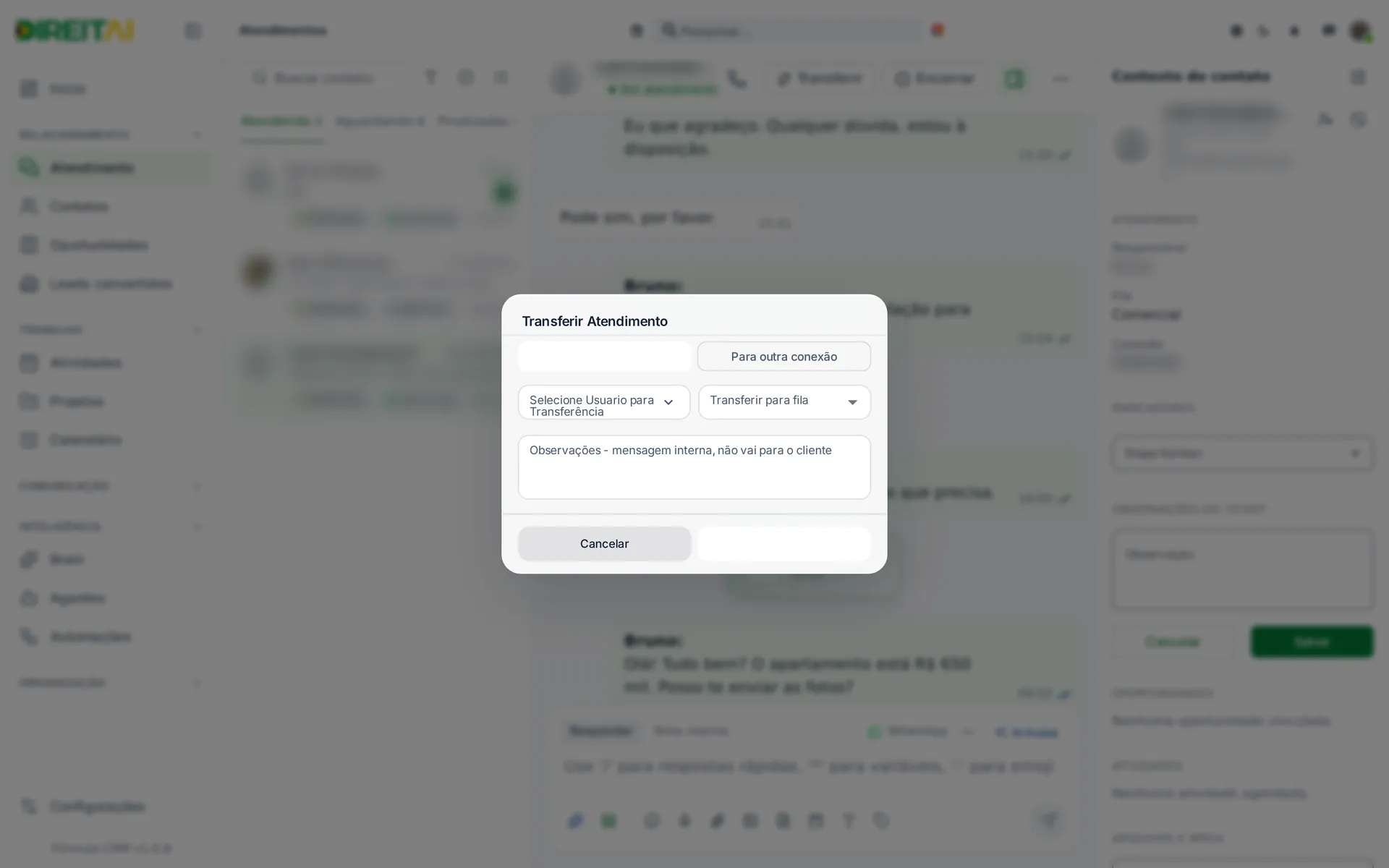 Janela Transferir Atendimento com os modos Para usuário / fila e Para outra conexão, usuário, fila e Observações