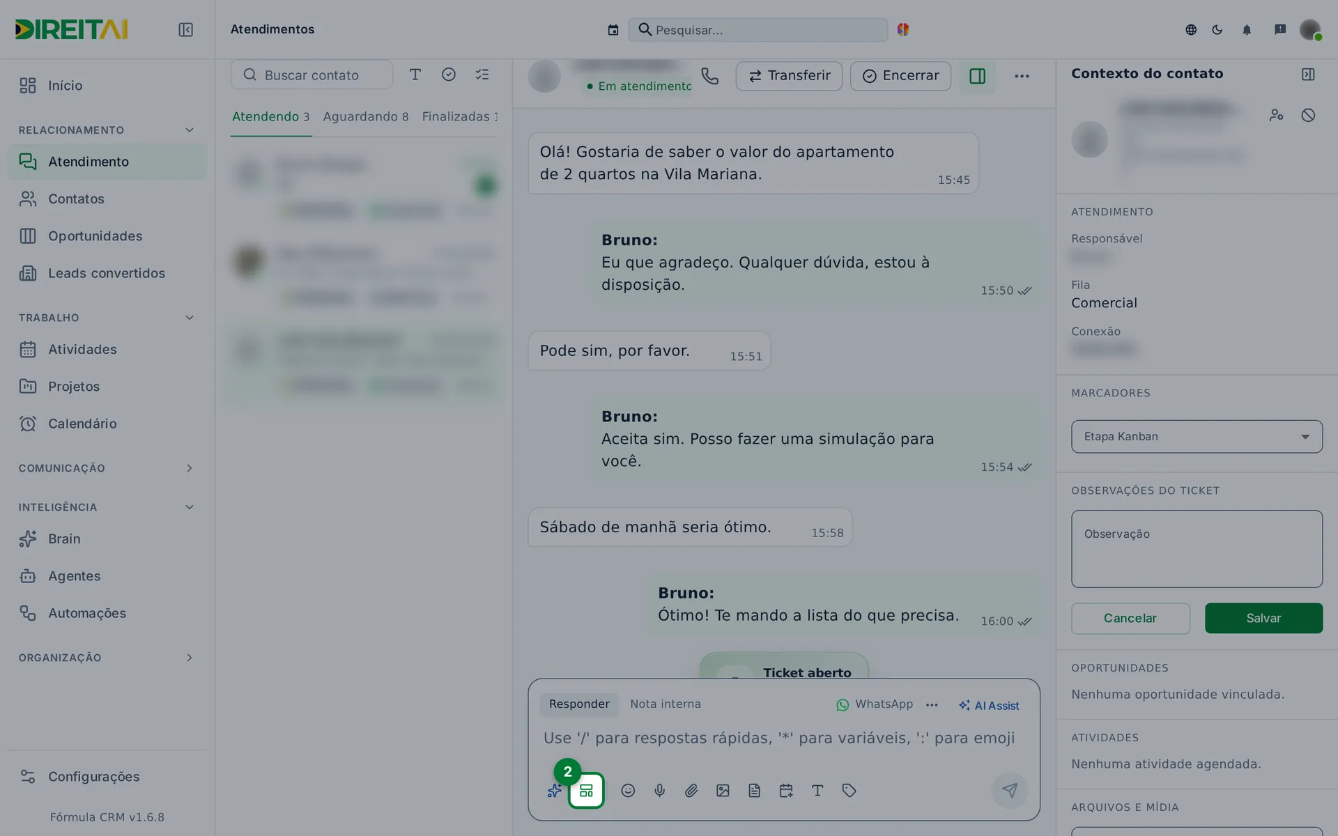 Botão WhatsApp API Oficial na barra do compositor