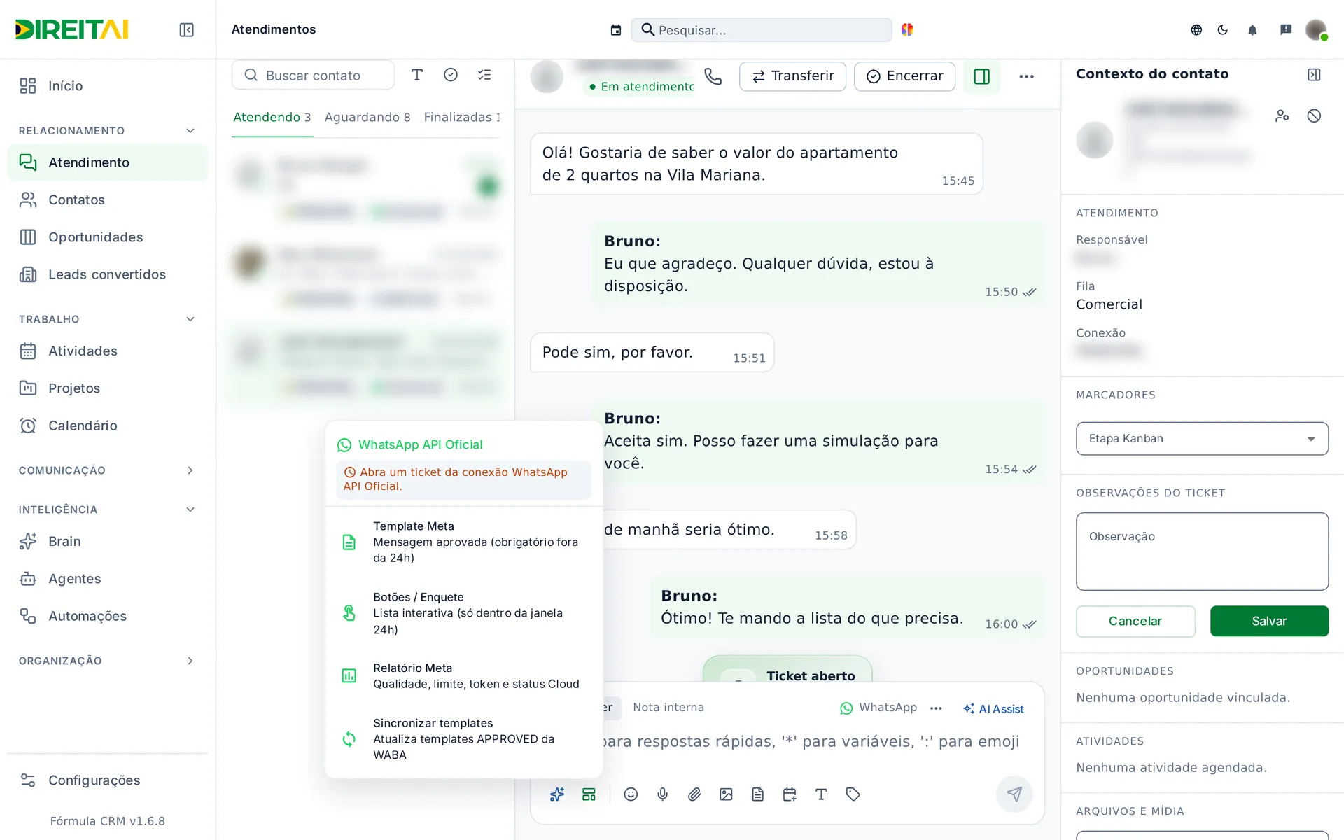 Menu WhatsApp API Oficial com Template Meta, Botões / Enquete, Relatório Meta e Sincronizar templates