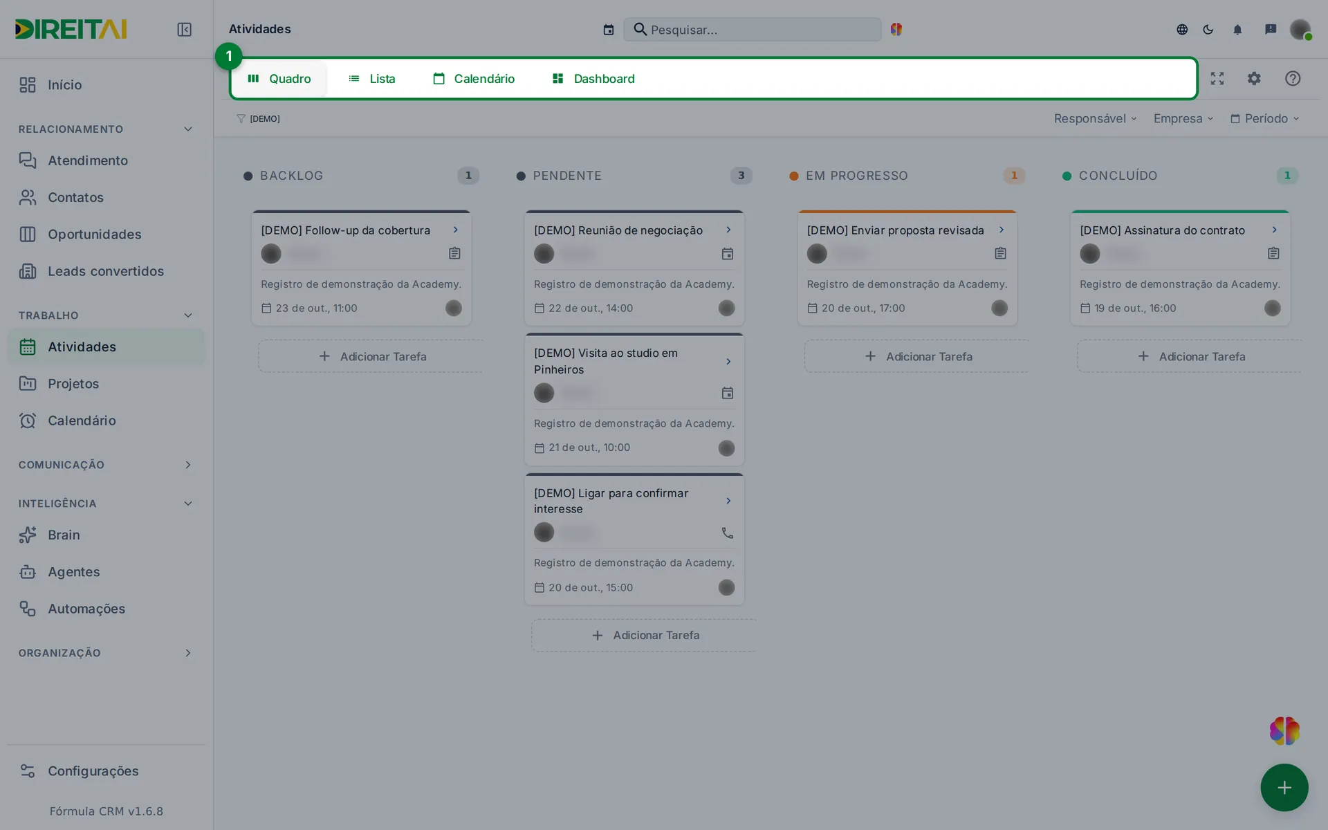 Abas Quadro, Lista, Calendário e Dashboard no topo da tela de Atividades