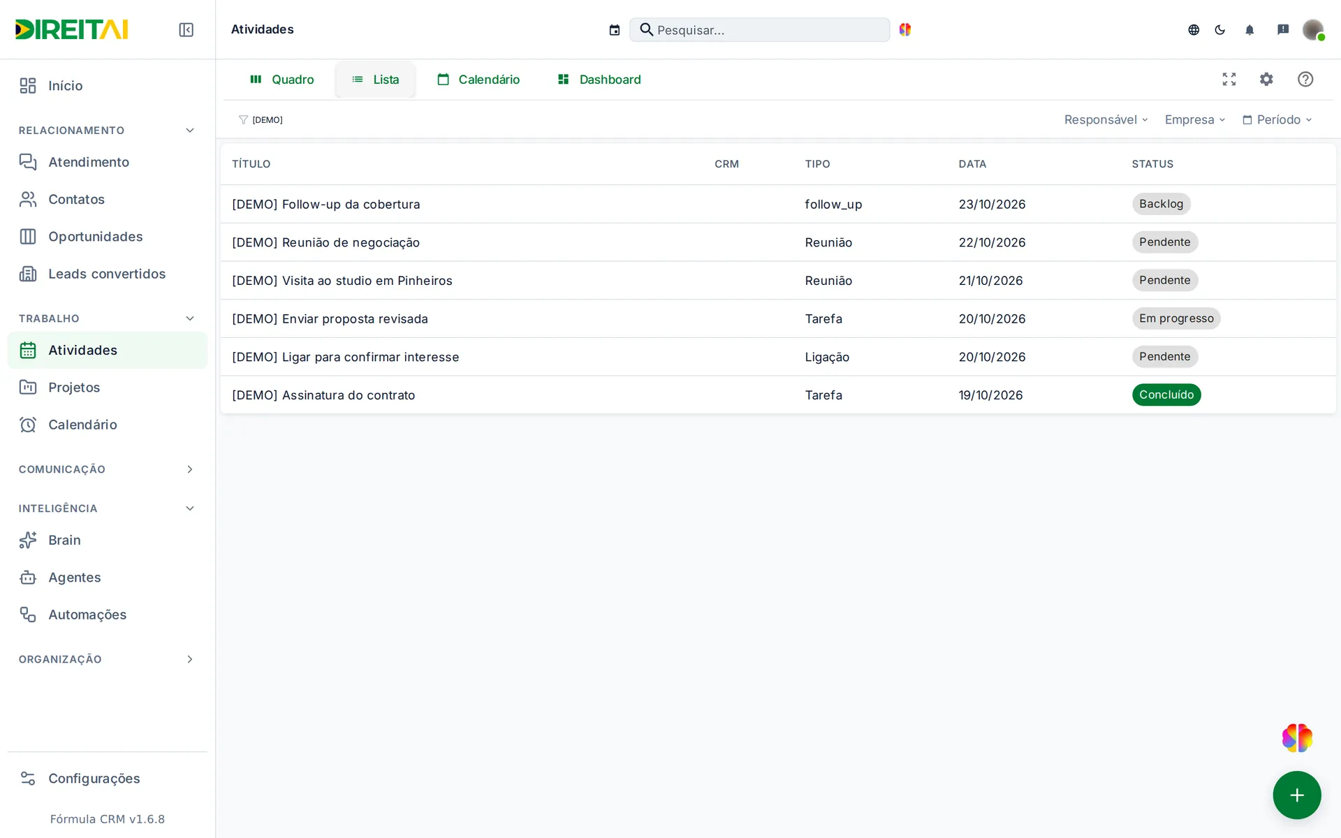 Aba Lista com as atividades [DEMO] em tabela: Título, Tipo, Data e Status