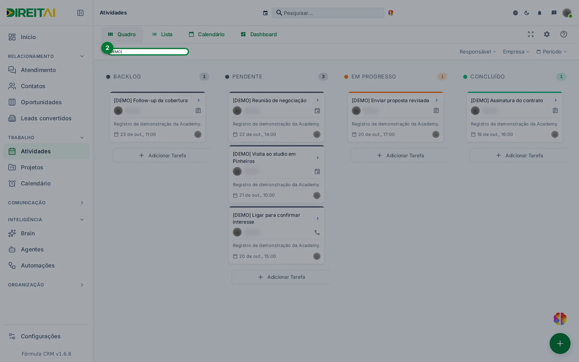 Quadro de Atividades filtrado por [DEMO], com o campo de busca destacado