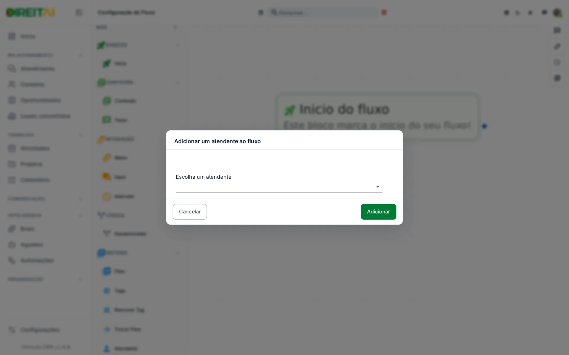Janela Adicionar um atendente ao fluxo com a lista de usuários