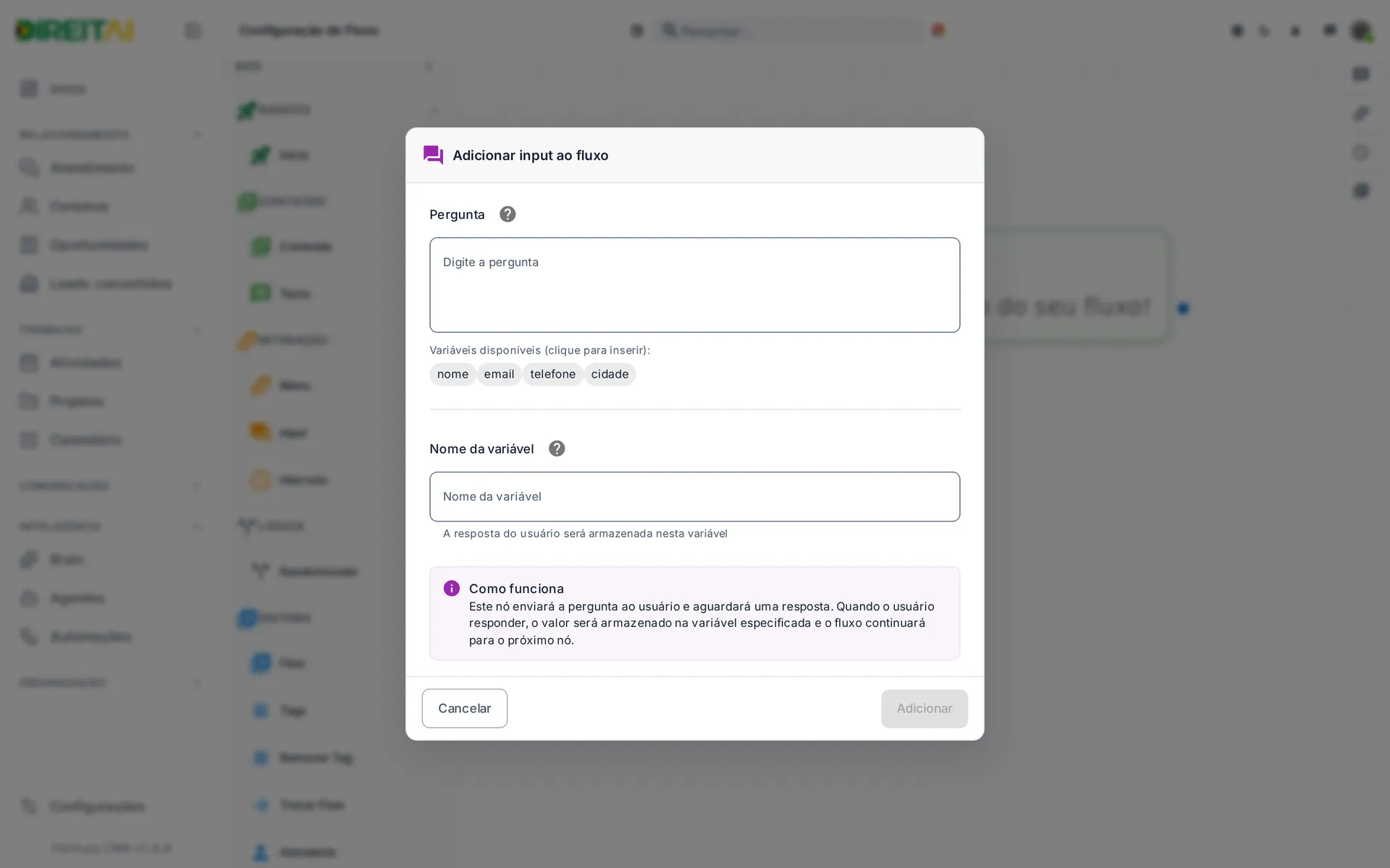 Janela Adicionar input ao fluxo com a pergunta e o nome da variável