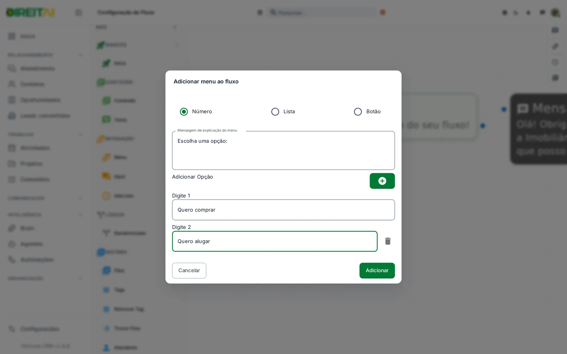 Janela do menu com o formato Número e duas opções preenchidas