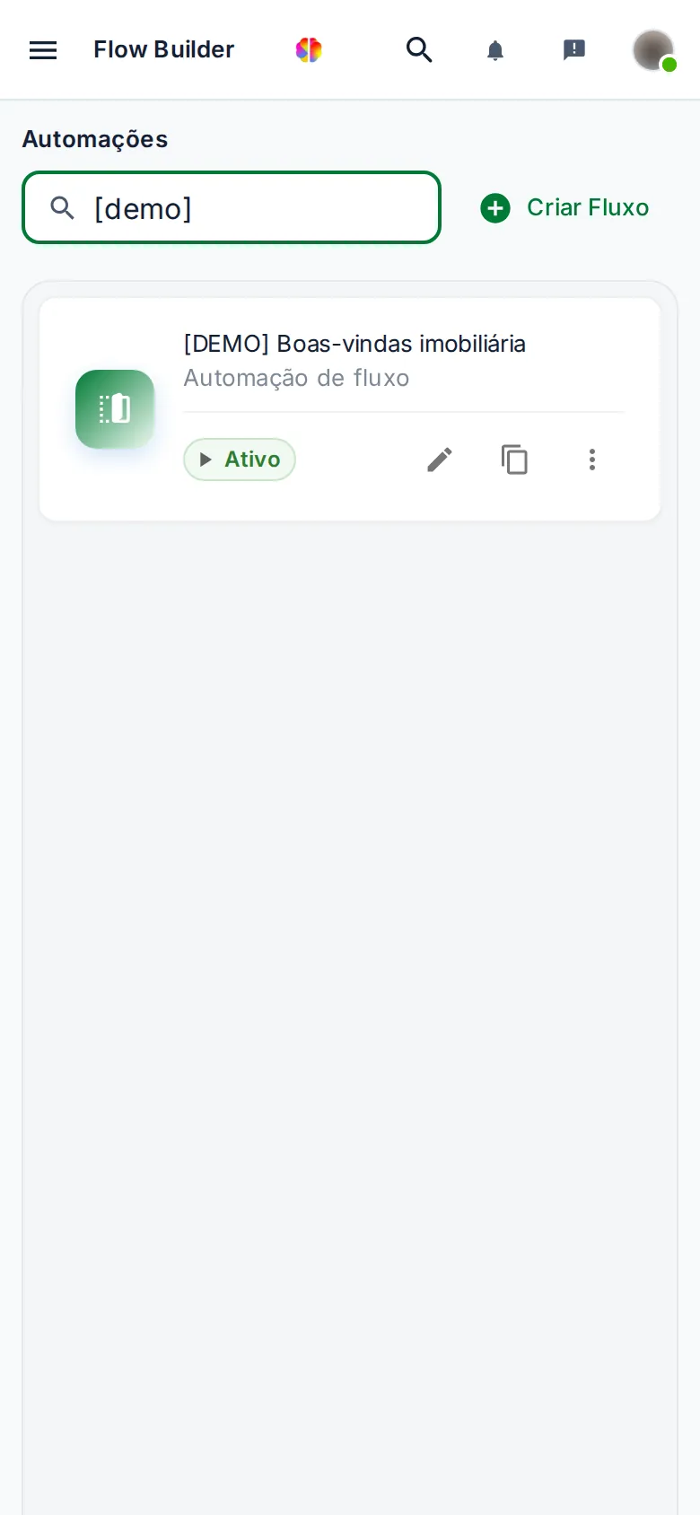 Tela Automações no celular com o fluxo de exemplo